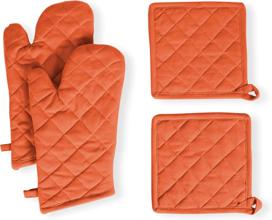 Native Fab 4 Piece Set - 2 Oven Mitts & 2 Potholders, Heat Resistant, 100% Cotton, Quilted Design, Non-Slip Grip, Machine Washable, Ideal for Baking, Cooking, BBQ, Kitchen Protection - Orange