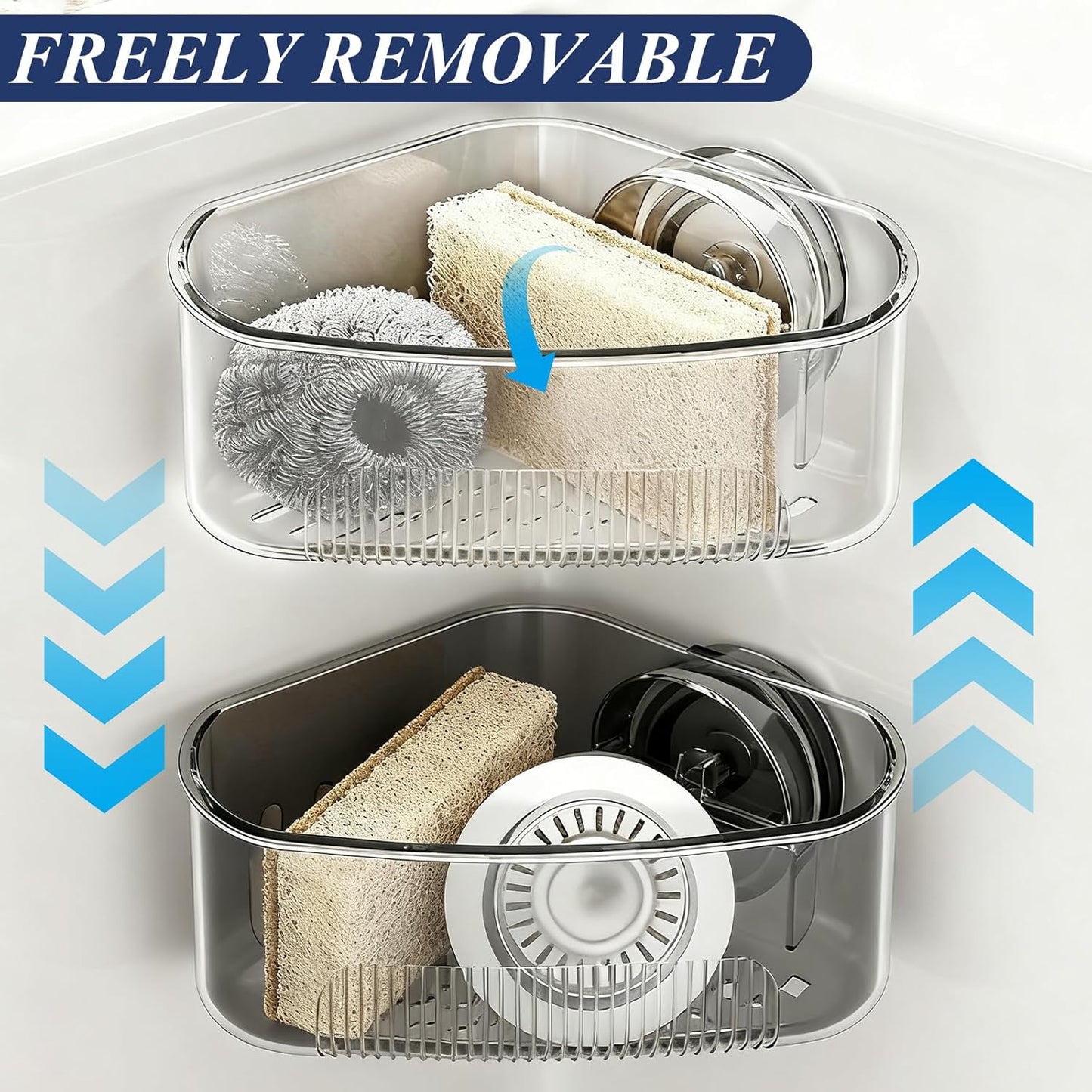 Sink Strainer Basket, Triangle Suction Cup Sink Corner Rack, New Upgraded Corner Sink Strainer with Drainage Hole, Punch-free Corner Sink Trash Catcher for Kitchen and Bathroom (Transparent)