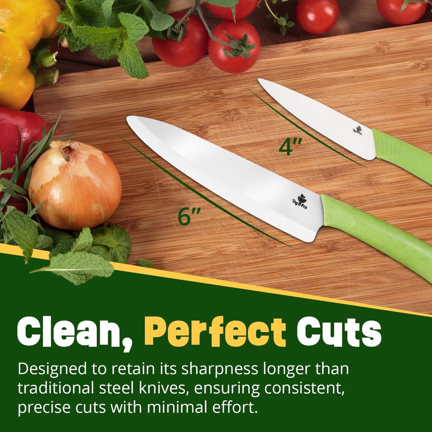 Ceramic Knife Set with Ergonomic Handle, Non-Reactive and Professional Chopping Knife Featuring Sharp, Rust-Proof Blades for Cutting Vegetables & Fruits, Durable Ceramic Kitchen Knives Set 6” & 4”
