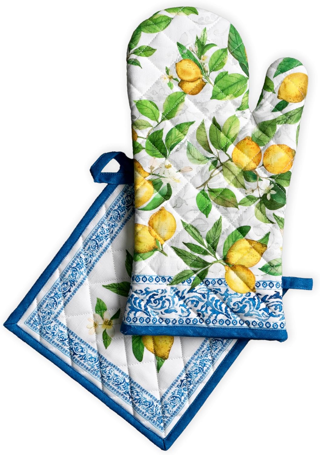 Maison d' Hermine 100% Cotton Oven Mitt & Pot Holder Set (7.5"x13" & 8"x8") Heat Resistant BBQ Cooking Gloves with Loop, Baking, Grilling, Kitchen, Handling Hot Pans Spring/Summer (Cedrat)