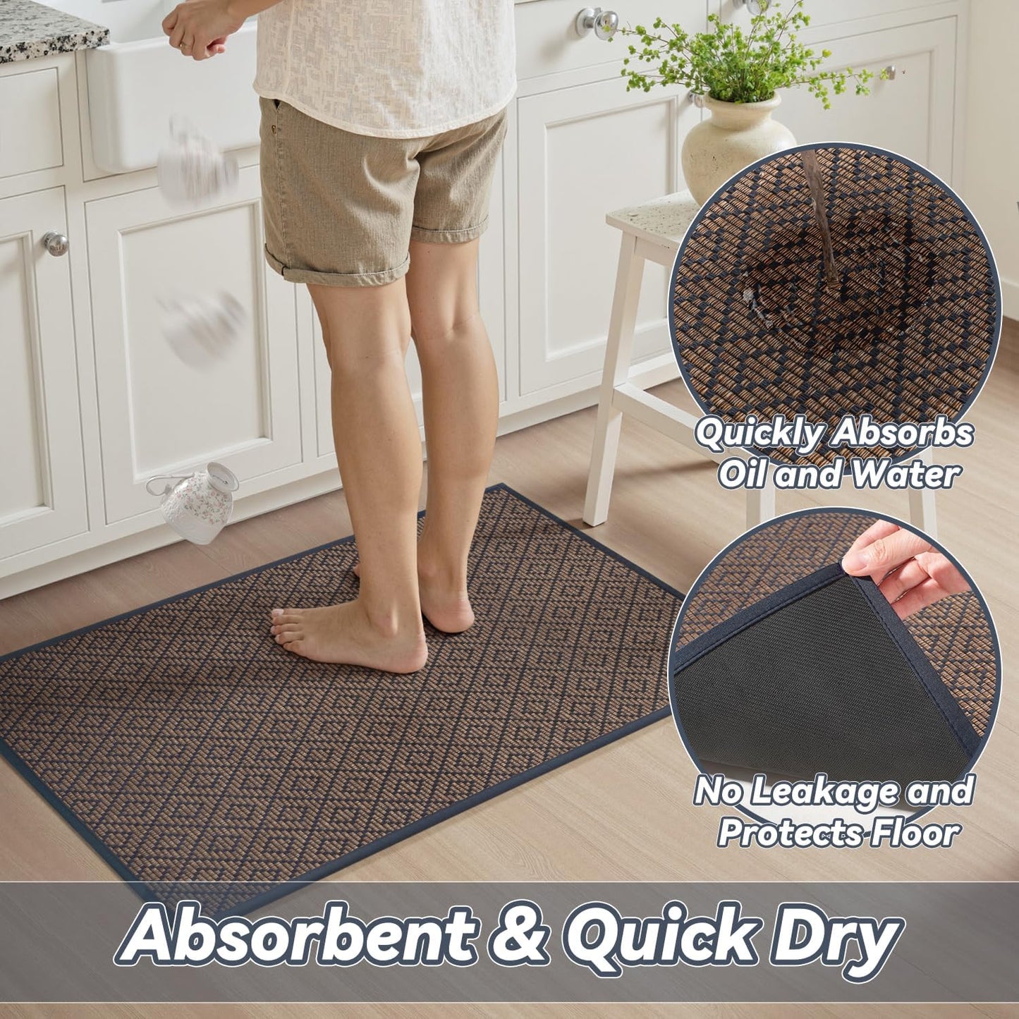 PADOOR Kitchen Floor Mat, Rubber Backed Kitchen Rugs Non Slip Washable, Super Absorbent Kitchen Mats for Floor Front of Sink, 17"x24" Blue