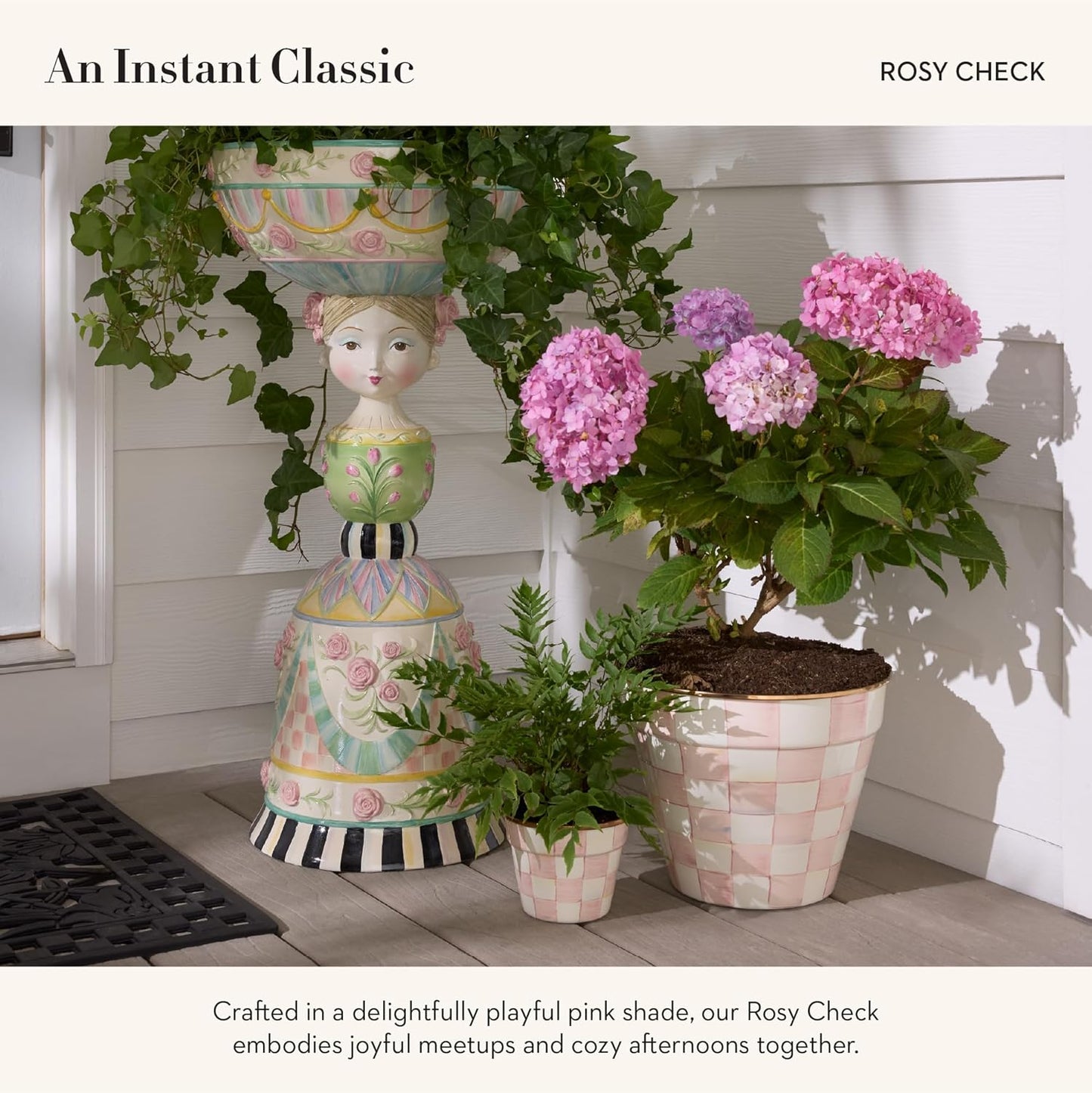 MACKENZIE-CHILDS Enamel Herb Pots, Small Plant Pots for Herbs or Flowers, Set of 3, Pink-and-White Rosy Check