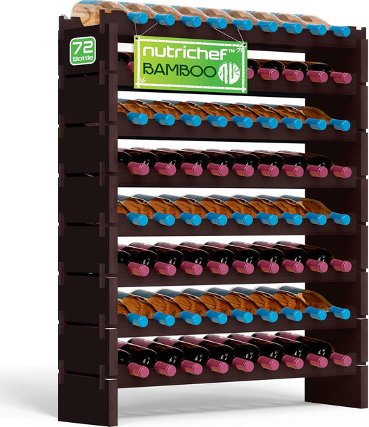 NutriChef Bamboo Stackable Wine Rack, 8-Tier 72 Bottle Capacity Wine Racks Free Standing Floor, No Tools Assembly, Modular Storage Display Shelf for Kitchen and Cellar 33.5" x 10" x 42", Black