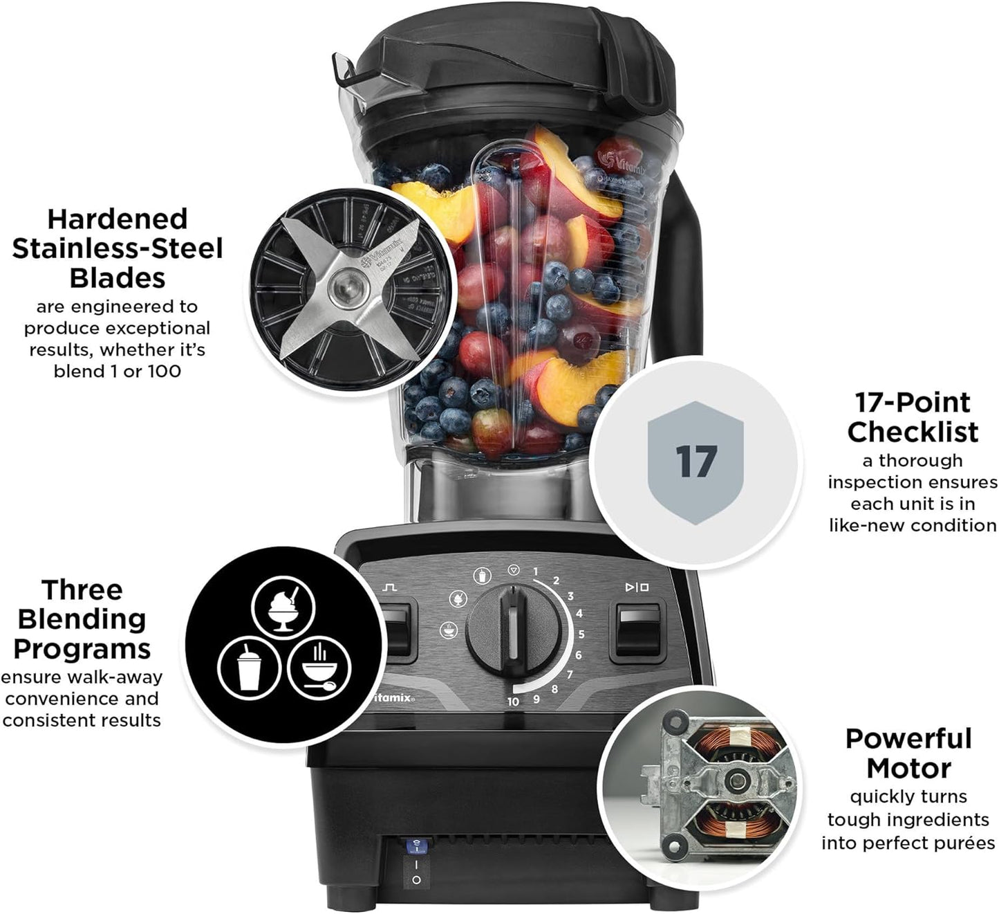 Vitamix Explorian Professional Grade Blender, 3 Presets: Smoothie, Frozen Dessert and Hot Soup, 64oz Pitcher, Black (Renewed Premium)