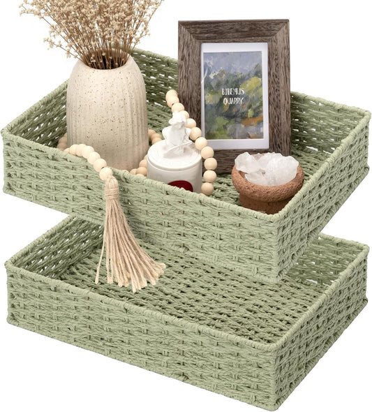 StorageWorks Bathroom Vanity Tray for Countertop, Bathroom Counter Tray for Decorative, Toilet Paper Baskets, Green, Larger, 2 Pack