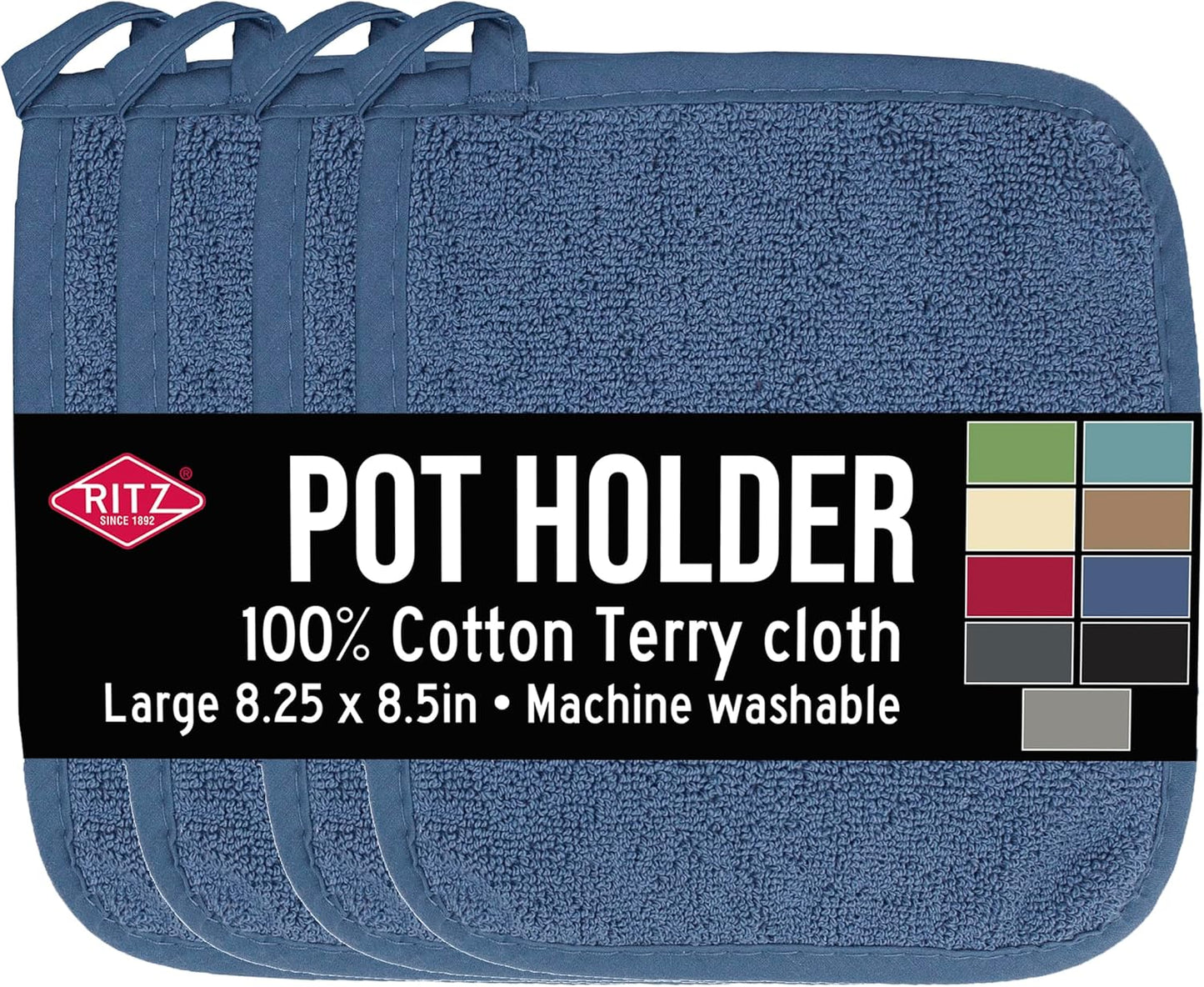 RITZ Terry Potholder & Hot Pad: Unparalleled Heat Resistant, Durable 100% Cotton – Ergonomically Designed for Optimal Grip – Easy-Care Machine Washable – 4-Pack, Federal Blue