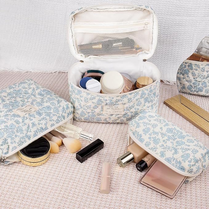 Makeup Bag Set, Quilted Makeup Bag, Large Floral Cosmetic Bag for Women, Cute Cotton Makeup Bag, Flower Travel Toiletry Organizer Bag(Color-Coded Floral)