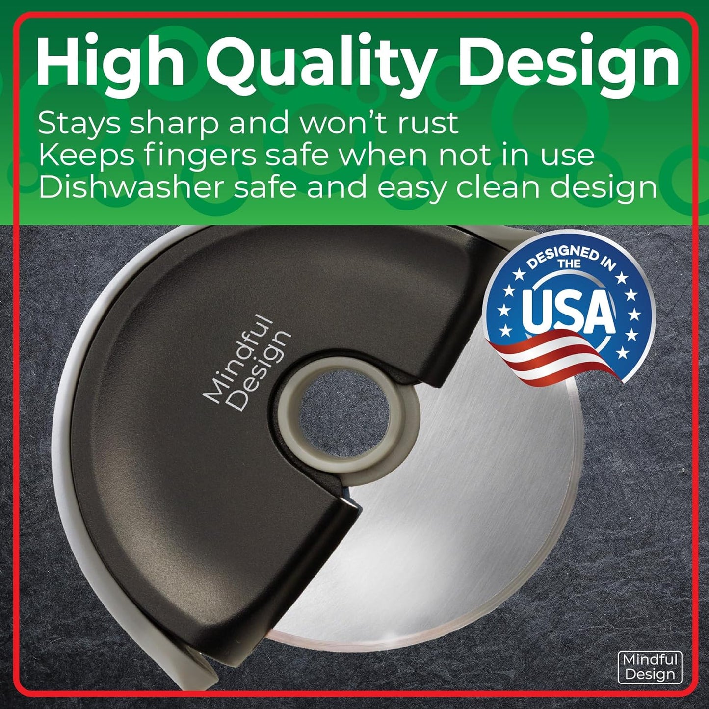 Mindful Design Pizza Cutter Wheel with Protective Blade Cover, Easy to Clean and Dishwasher Safe Handheld Pizza Slicer