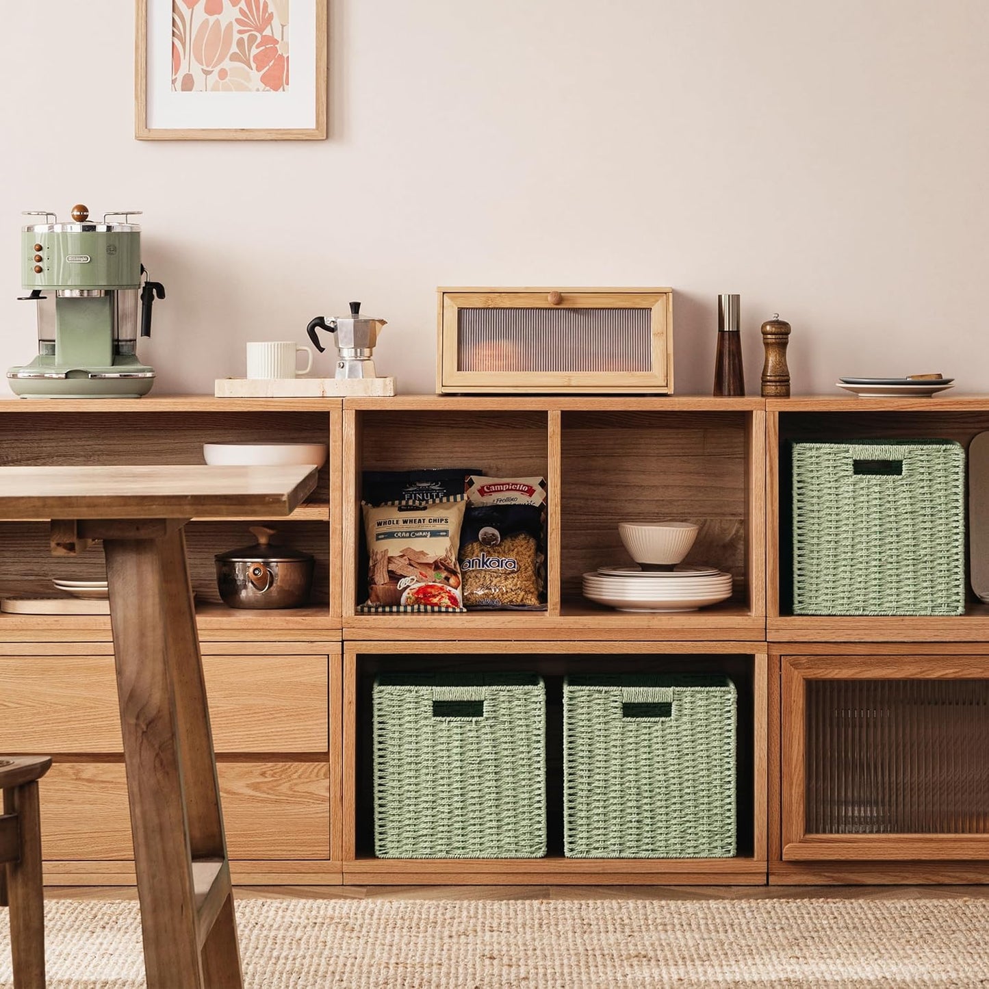 UBBCARE 3 Pack Wicker Basket, 11L×11H×10.5W inch Woven Paper Rope Storage Baskets for shelves, Foldable Cube Storage bin with Handle, Storage Basket for Organizing & Decor, Green