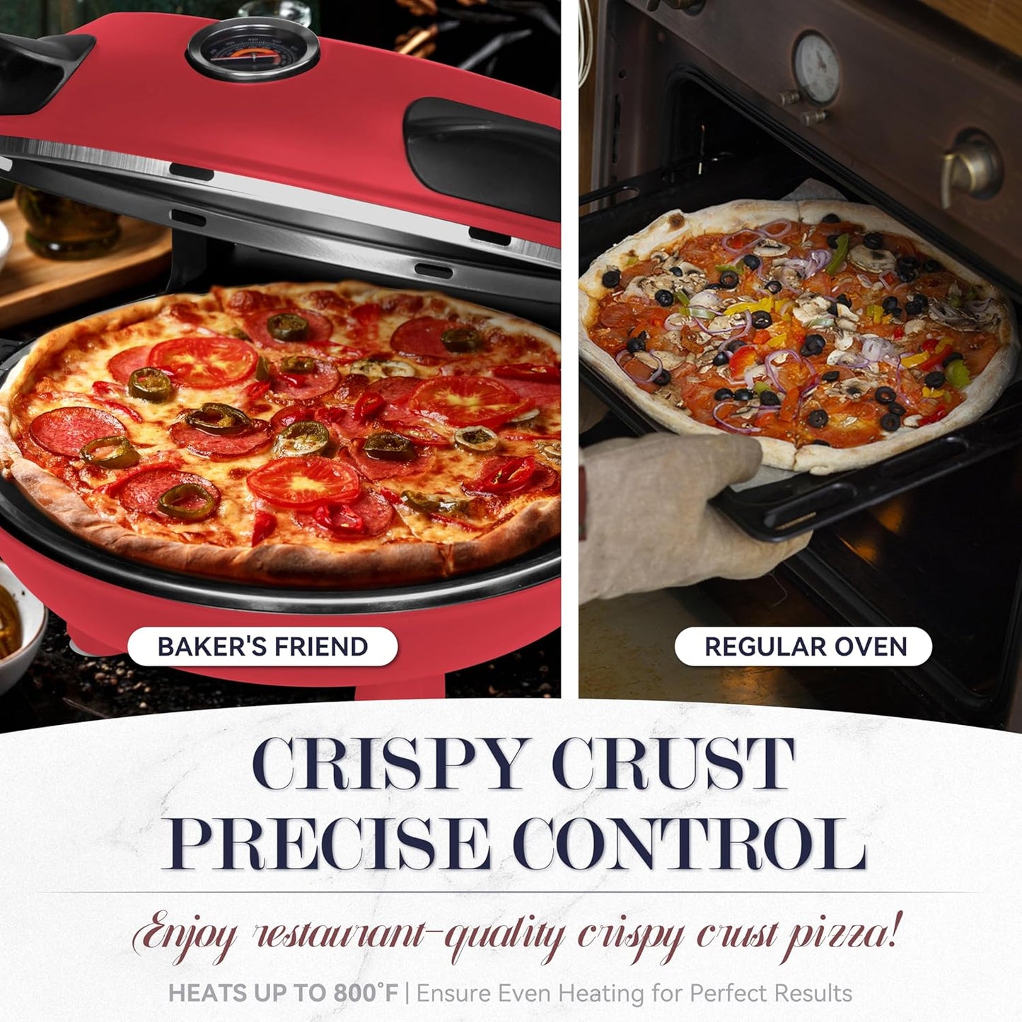 Baker’s Friend Electric Pizza Oven Indoor Countertop, 12 Inch Pizza Maker Machine for Home, Pizza Cooker & Pizza Grill, Premium Glazed Ceramic Stone Pizza Oven, Chilli Red
