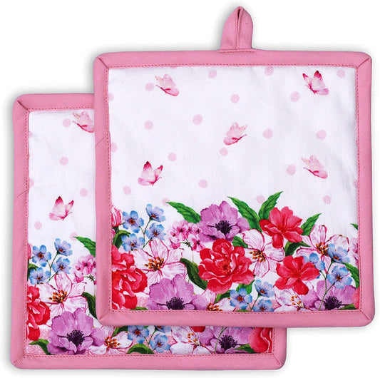 AMOUR INFINI Pot Holders Heat Resistant Cotton Set of 2 Nonslip 8"x8" Inch Hot Pads for Kitchen, BBQ, Baking & Cooking with Hanging Loops (Spring Floral)