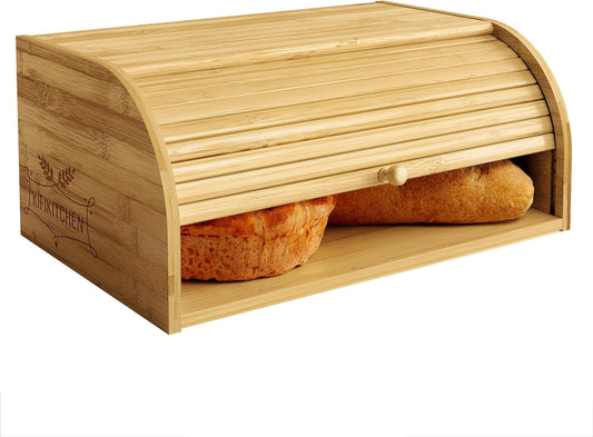 Bamboo Bread Box Space Saving Rustic Roll-Top Bread Bin for Countertop - Store Bread Cake and Baked Goods - 15 x 9.8 inches (Sliding door)