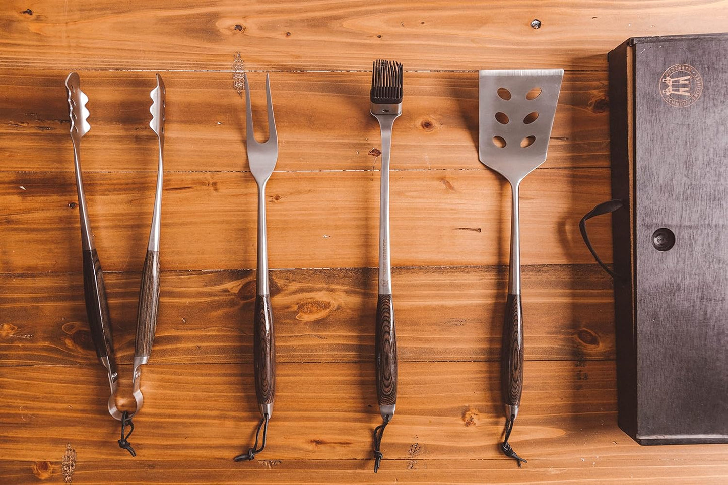 Schmidt Brothers - BBQ Carbon 6, 4-Piece Grilling Accessory Set, Full-Forged Stainless Steel Grilling Utensils Including Spatula, Fork, Basting Brush, and Tongs with All Wood Handles