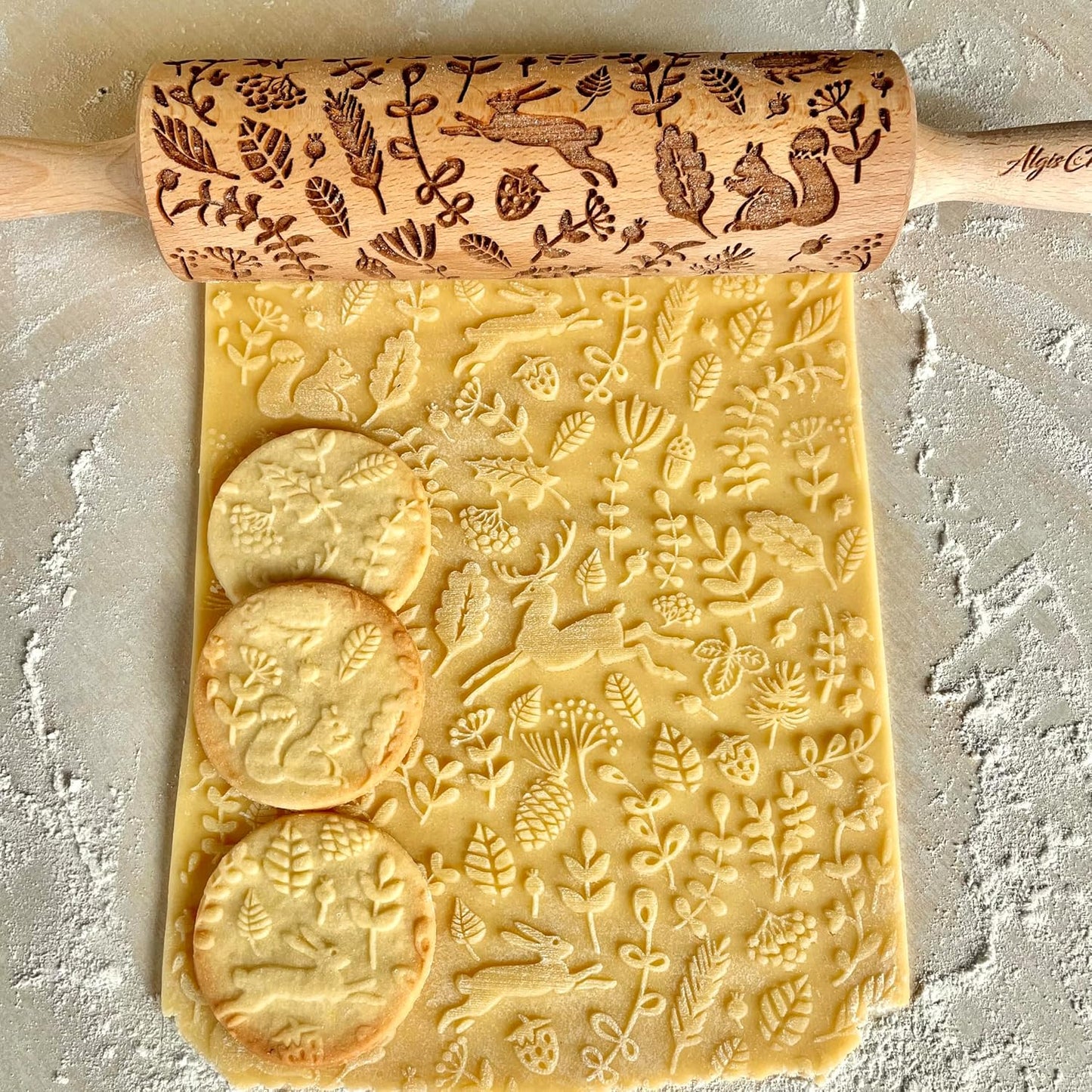 FOREST ANIMALS Embossing Rolling Pin. Laser Engraved Dough Roller for Embossed Cookies Fondant or Pottery by Algis Crafts