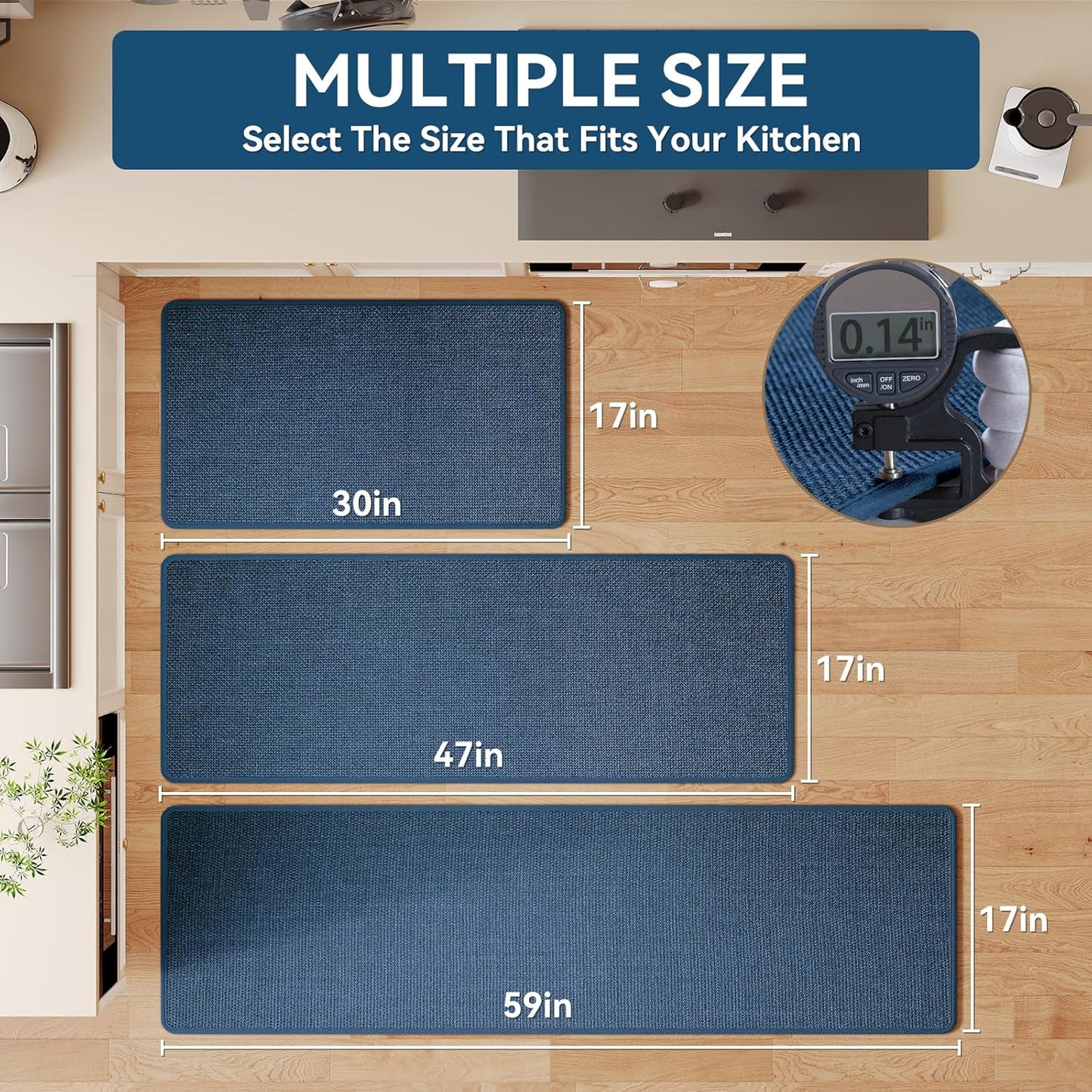 Kitchen Mats for Floor, Super Absorbent Kitchen Rugs Non Slip Washable, Soft Imitation Linen Braided Runner Rug, Standing Mat Kitchen Sink Mat, Easy to Clean, Blue 17x71