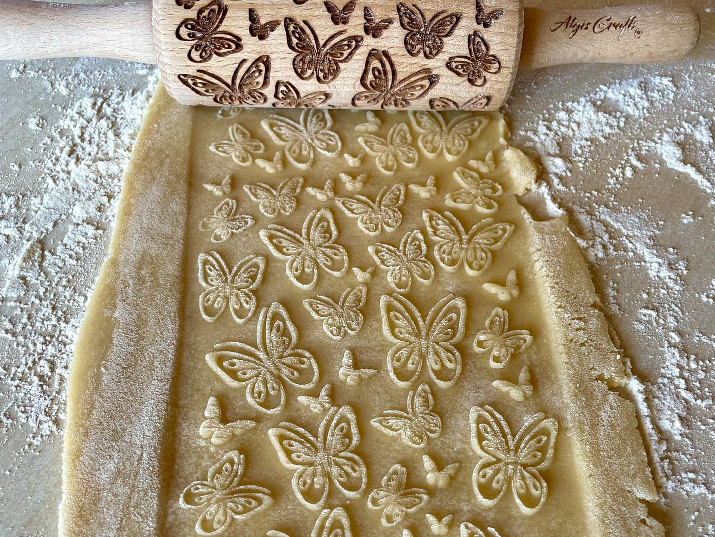 SUMMER 3 KID Rolling Pin SET. Wooden Laser Cut Mini Rolling Pins for cookies, play dough, salt dough or clay Butterfly, Music Flower by Algis Crafts