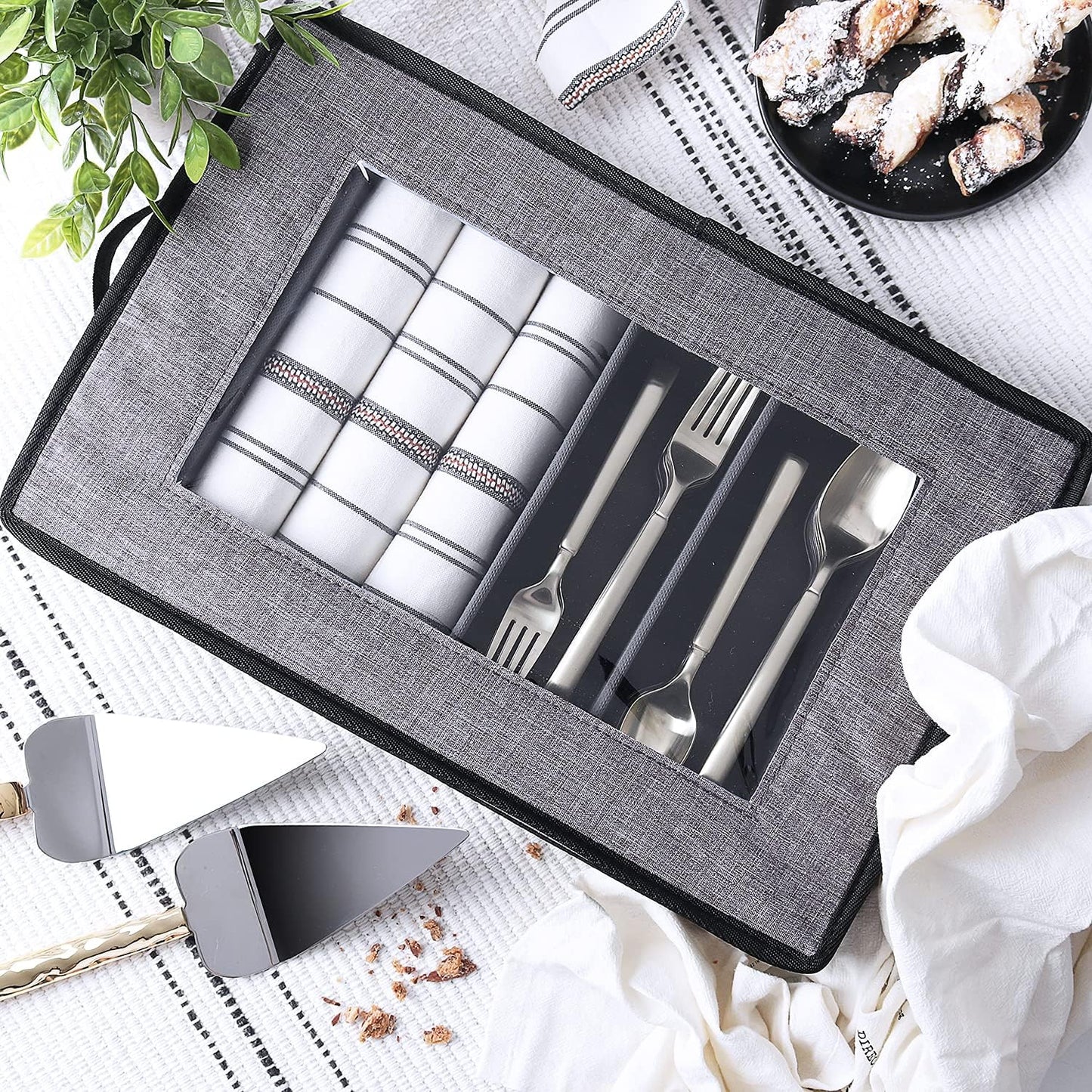 Flatware & Utensil Storage, Durable Silverware Storage Box with Padded Dividers, 5 Compartment Flatware Storage Case, Silverware Case with Handles and Removable Lid - Protects and Organizes Cutlery
