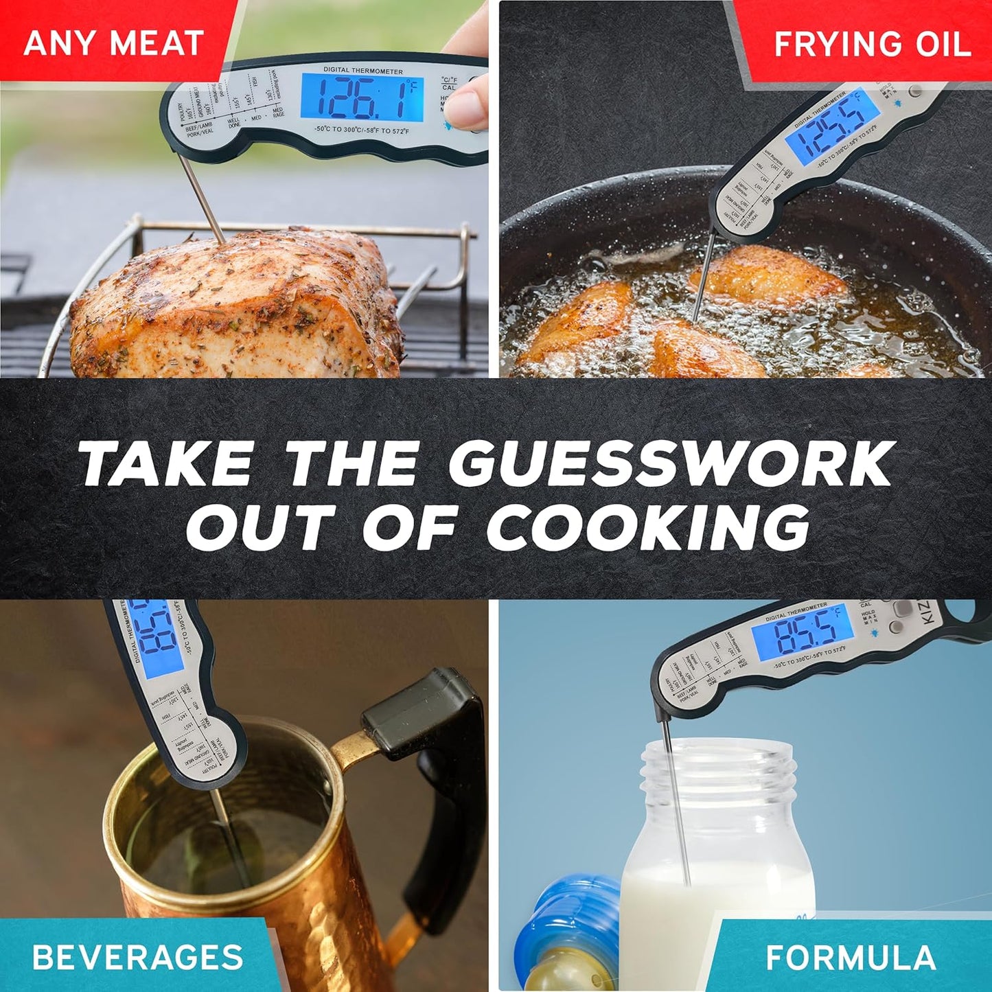 Kizen Instant Read Meat Thermometer Digital - Food Thermometer for Cooking, Grill, Oven, BBQ - Waterproof and Backlit Display - Kitchen Gadgets