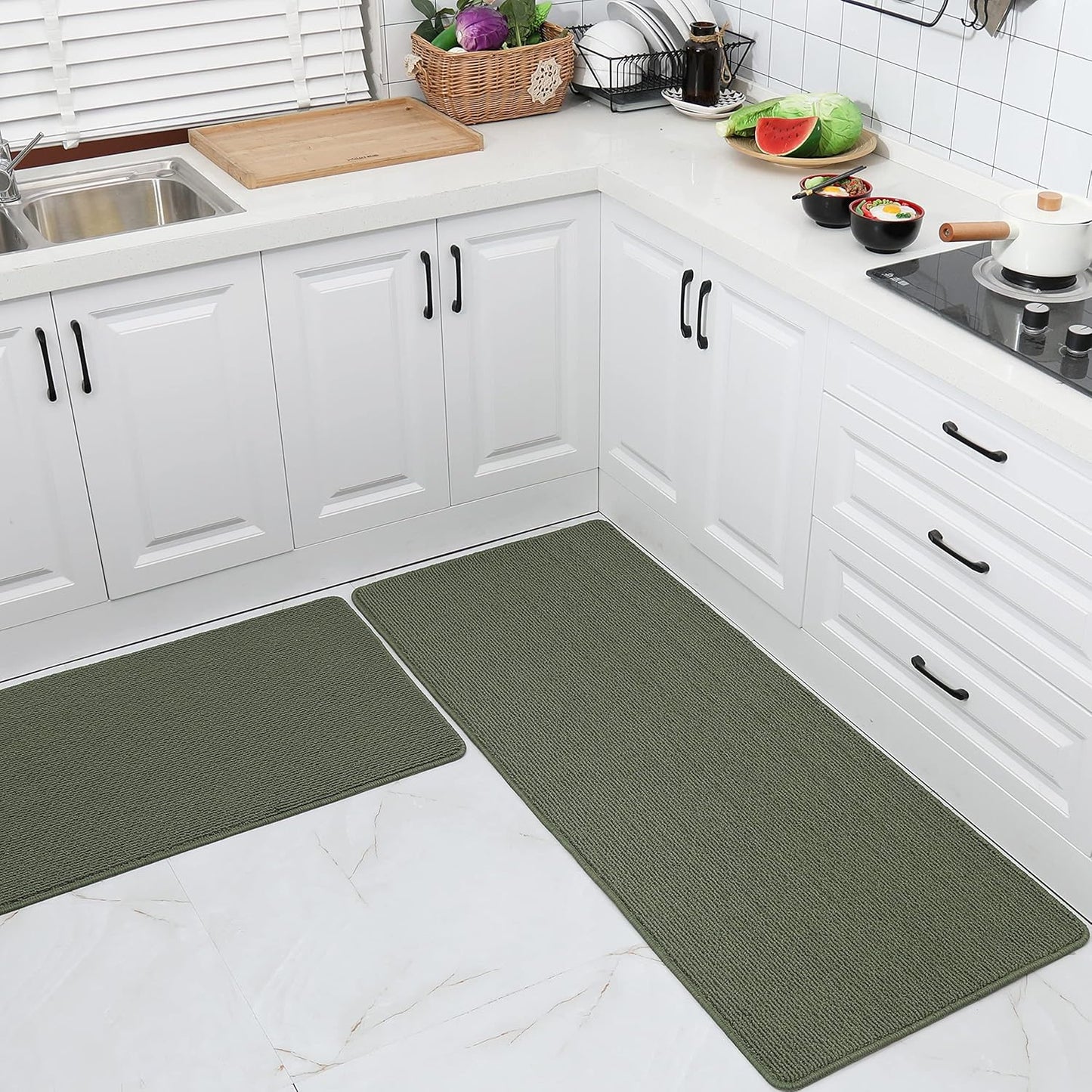 COSY HOMEER 24x35 Inch/24X60 Inch Kitchen Rug Mats Made of 100% Polypropylene Strip TPR Backing 2 Pieces Soft Kitchen Mat Specialized in Anti Slippery and Machine Washable,Green