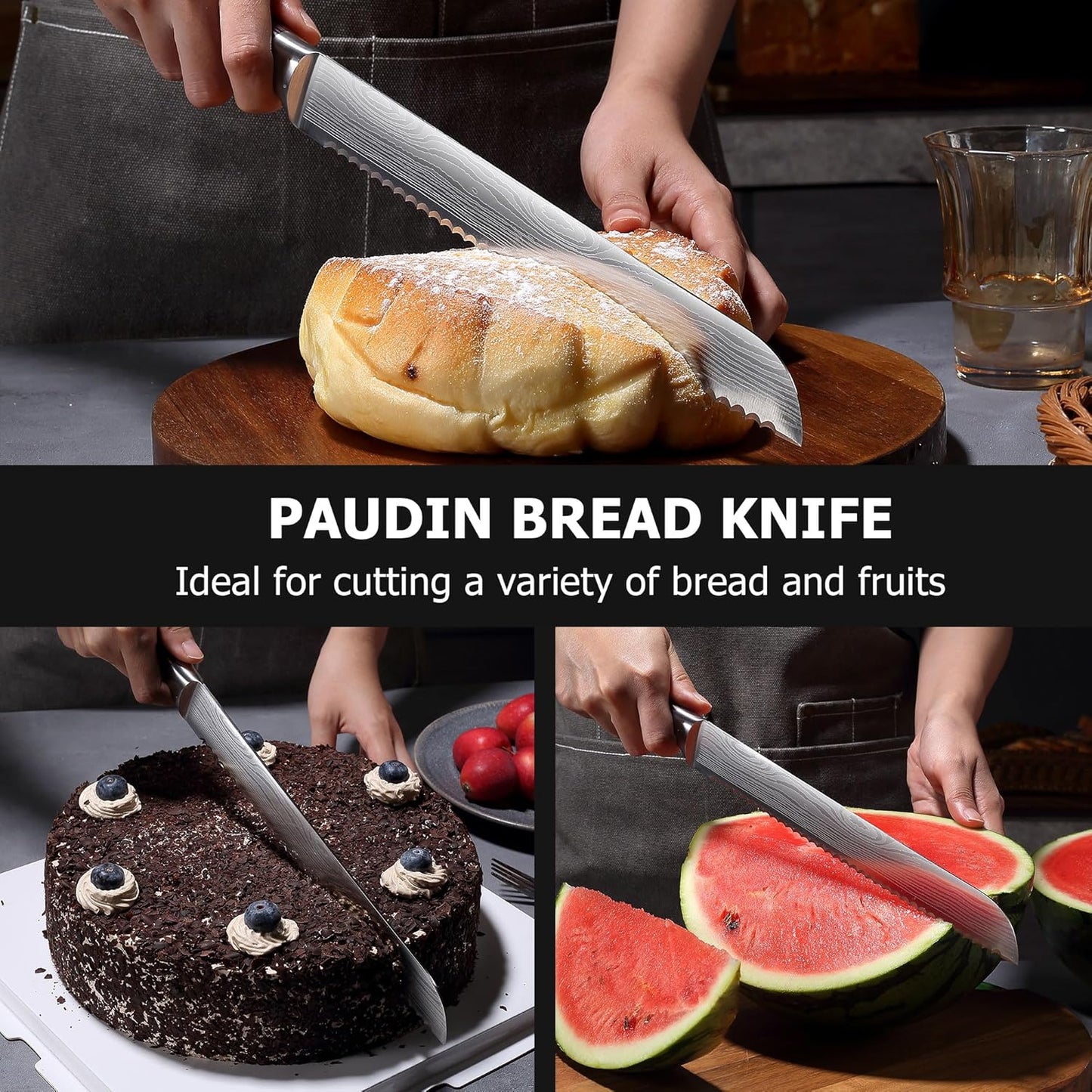 PAUDIN Bread Knife, 10 inch Serrated Knife, German Stainless Steel Bread Knife for Homemade Bread, Razor Sharp Edge for Efficient Slicing Sourdough Bread, Bagels, Cake