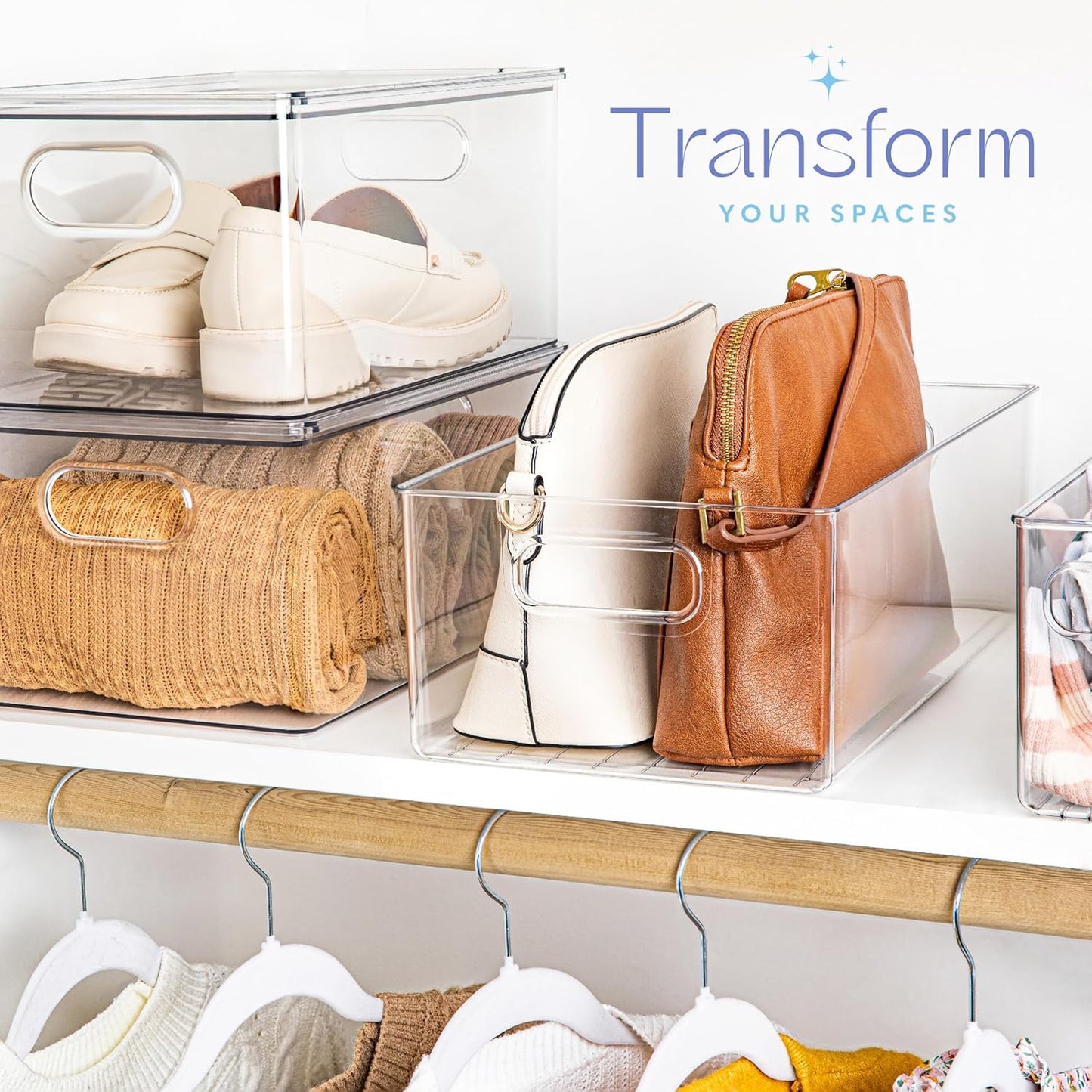 Plastic Food Storage 4 Pack Clear Container Bin with Handles for Organizing Kitchen, Pantry, Refrigerator, Freezer, Pantry, Cabinet, Closet, Bathroom. 14”x8”x5”