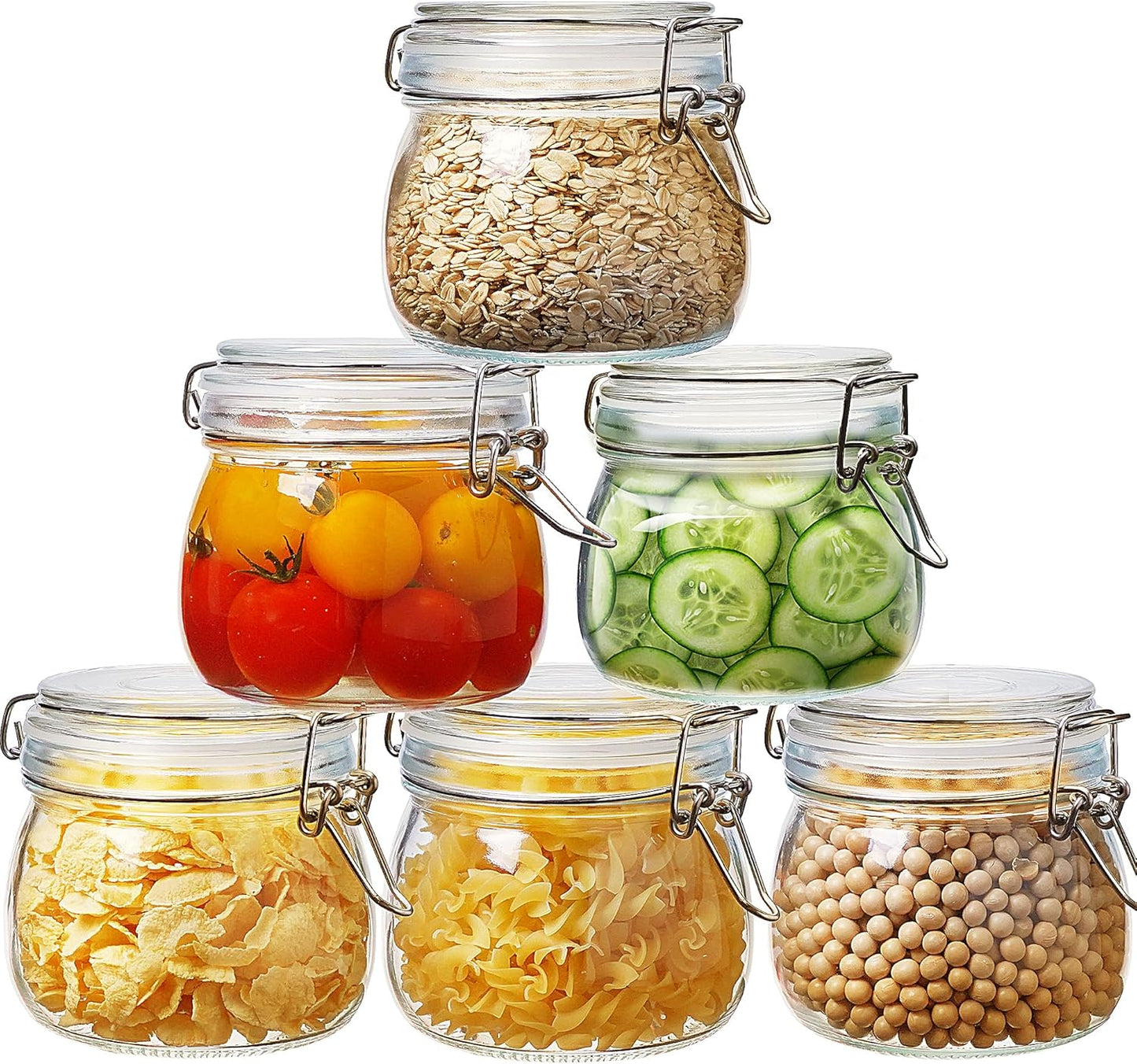 Glass Jars with Airtight Lid Set of 6, 17 floz Wide Mouth Mason Jars with Clamp Lids,Glass Sealed Jars with Air Tight Lids, Best for Kitchen & Pantry Food Storage