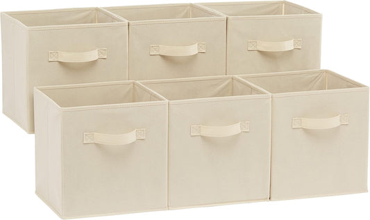 Amazon Basics Collapsible Fabric Storage Cubes Organizer with Handles, Sturdy, Beige, 10.5-x-10.5-x-11-inch, Pack of 6