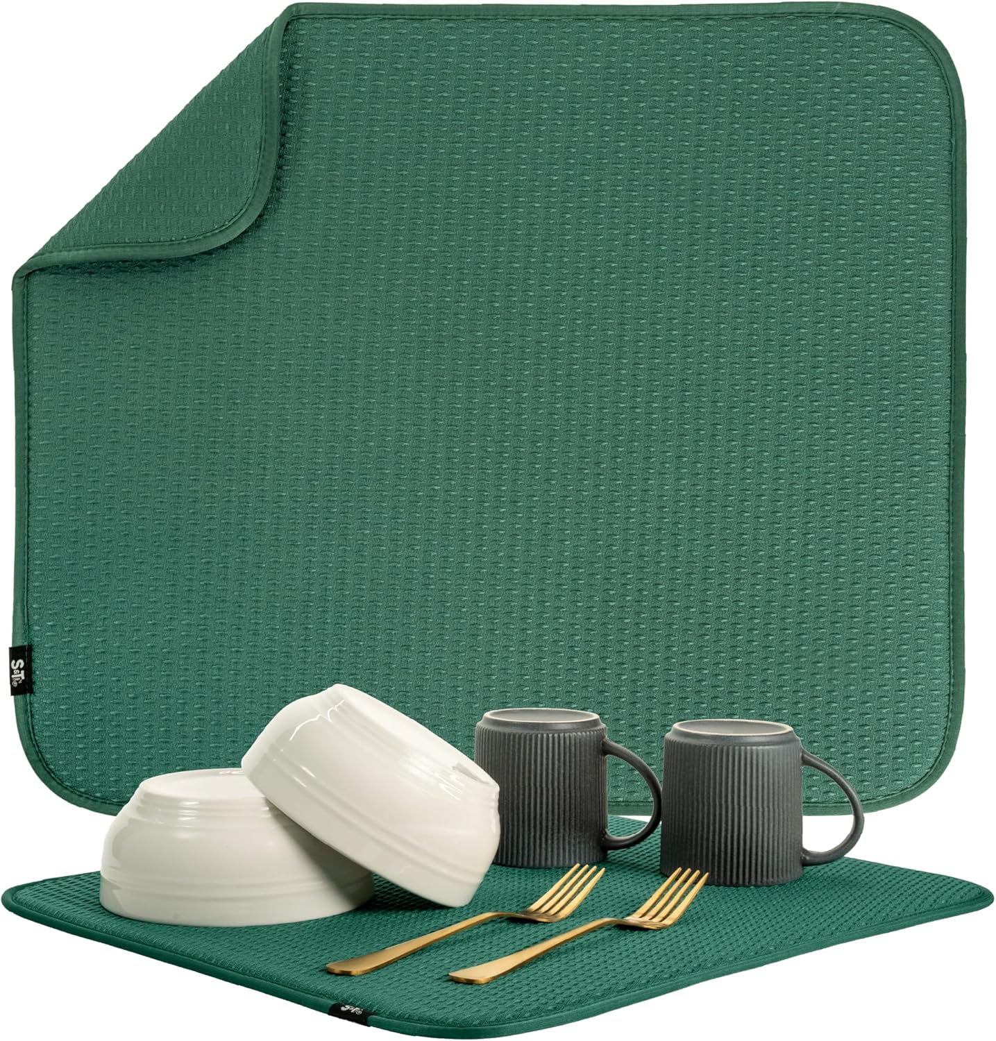 S&T INC. Dish Drying Mat, 16” x 18”, Absorbent Microfiber Kitchen Counter Mat, Drying Pad for Dishes, Utensils, Pots and Pans, Large, Diamond Texture, Emerald Green