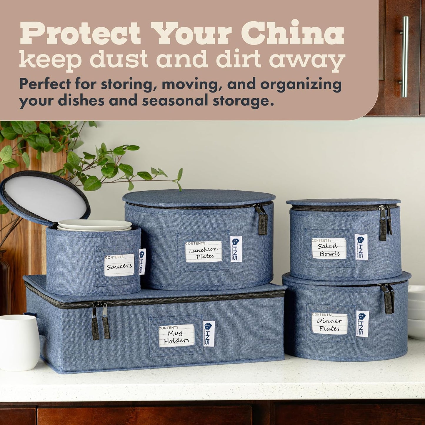 Salad Plates Storage Container - Hard Shell China Organizer with Dividers - Holds 12 Plates of 9" - Durable & Stackable Storage Box for Seasonal Dishware Protection - Denim Blue