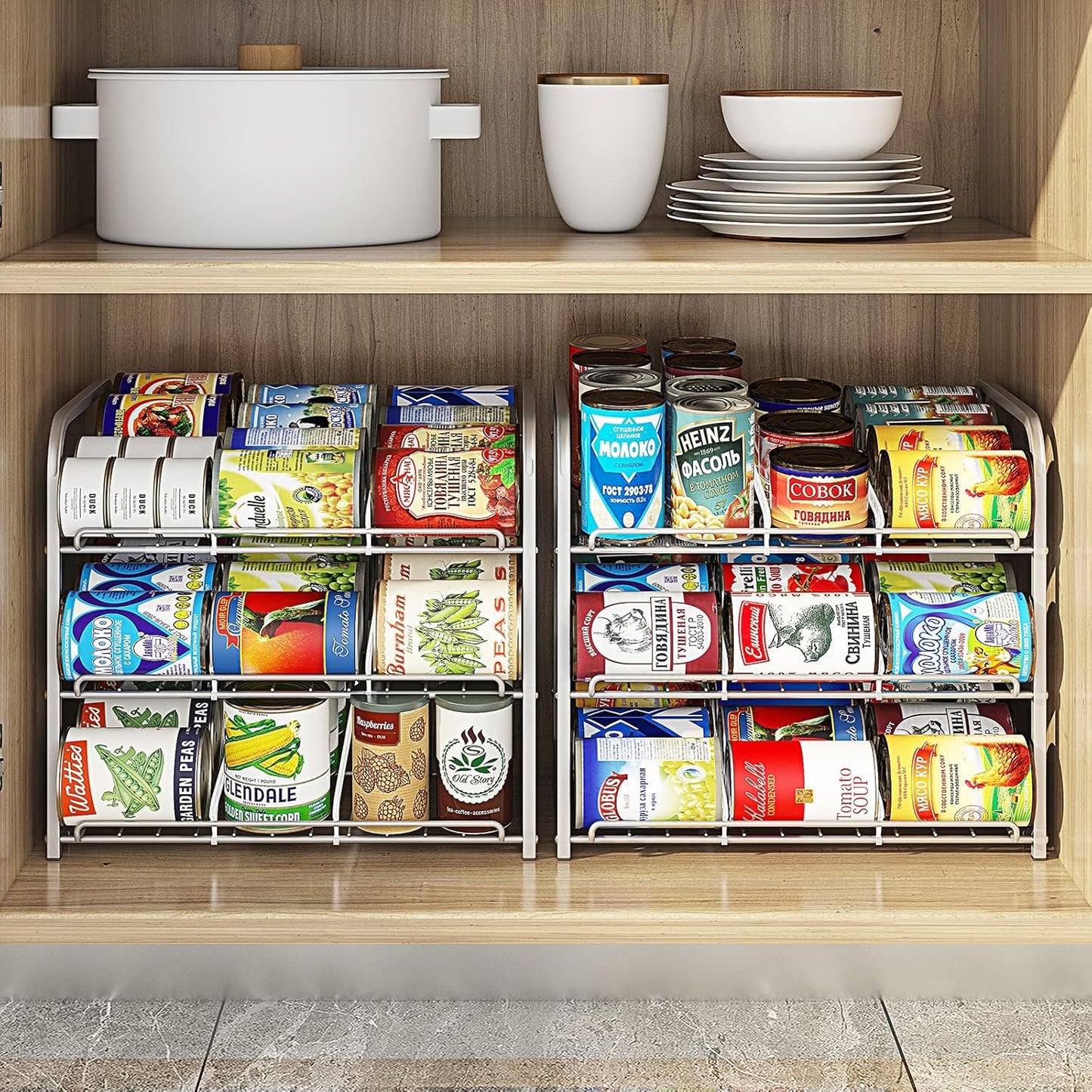 AIYAKA Can Rack Organizer, 3 Tier Stackable Can Storage Dispenser–12.2" D x 16.6" W x 14.5" H,for Food Storage, Kitchen Cabinets or Pantry, Storage for 36 Cans, Silver