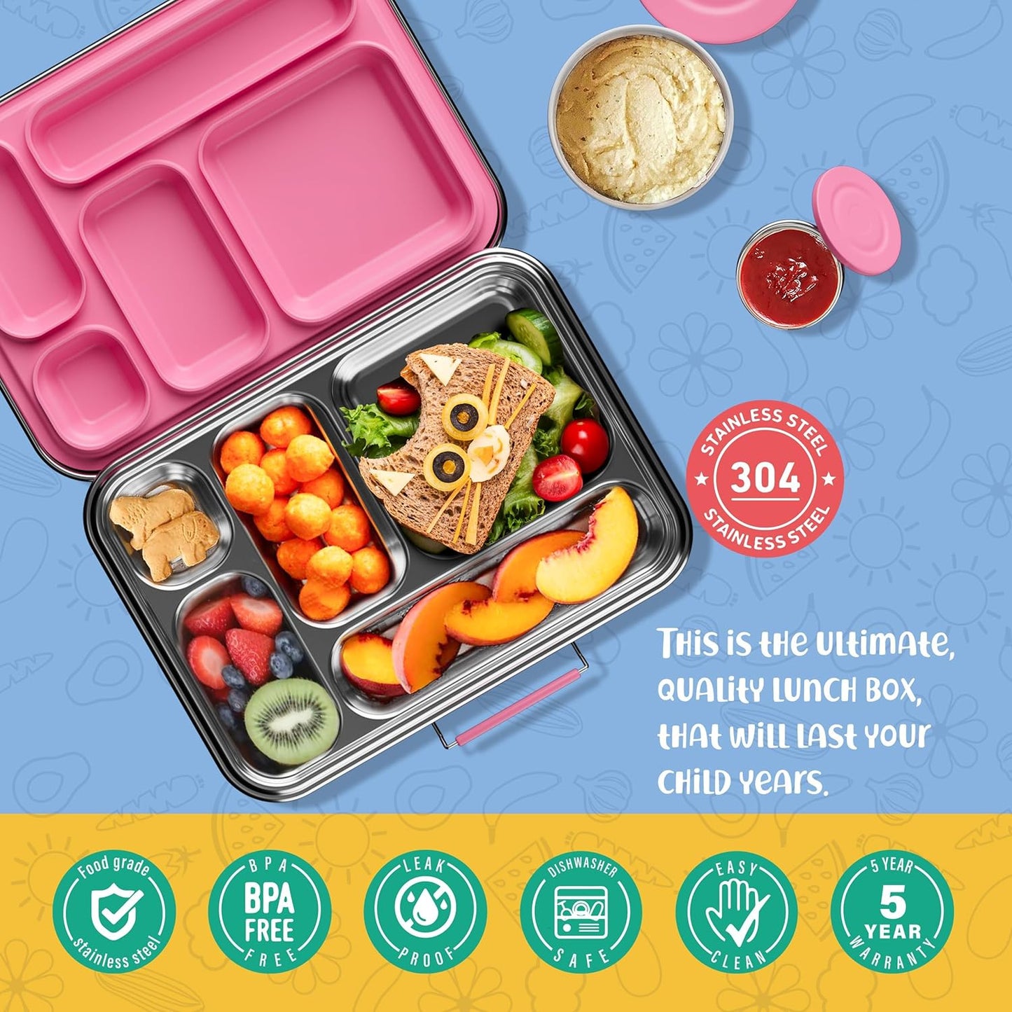 Stainless Steel Bento Box Kids, Kids Metal Bento Lunch Box BPA Free Lunch Box Containers 304 Stainless Steel Bento Box for School and Office(Pink)