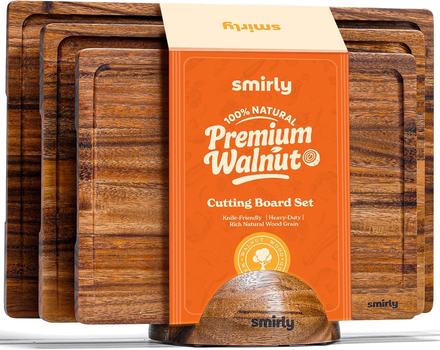 SMIRLY Walnut Wood Cutting Boards for Kitchen, Set of 3 with Holder Large - Small, Walnut Wooden Cutting Board Set with Deep Juice Grooves, Non Toxic Serving Tray, Perfect Mother's Day Gifts