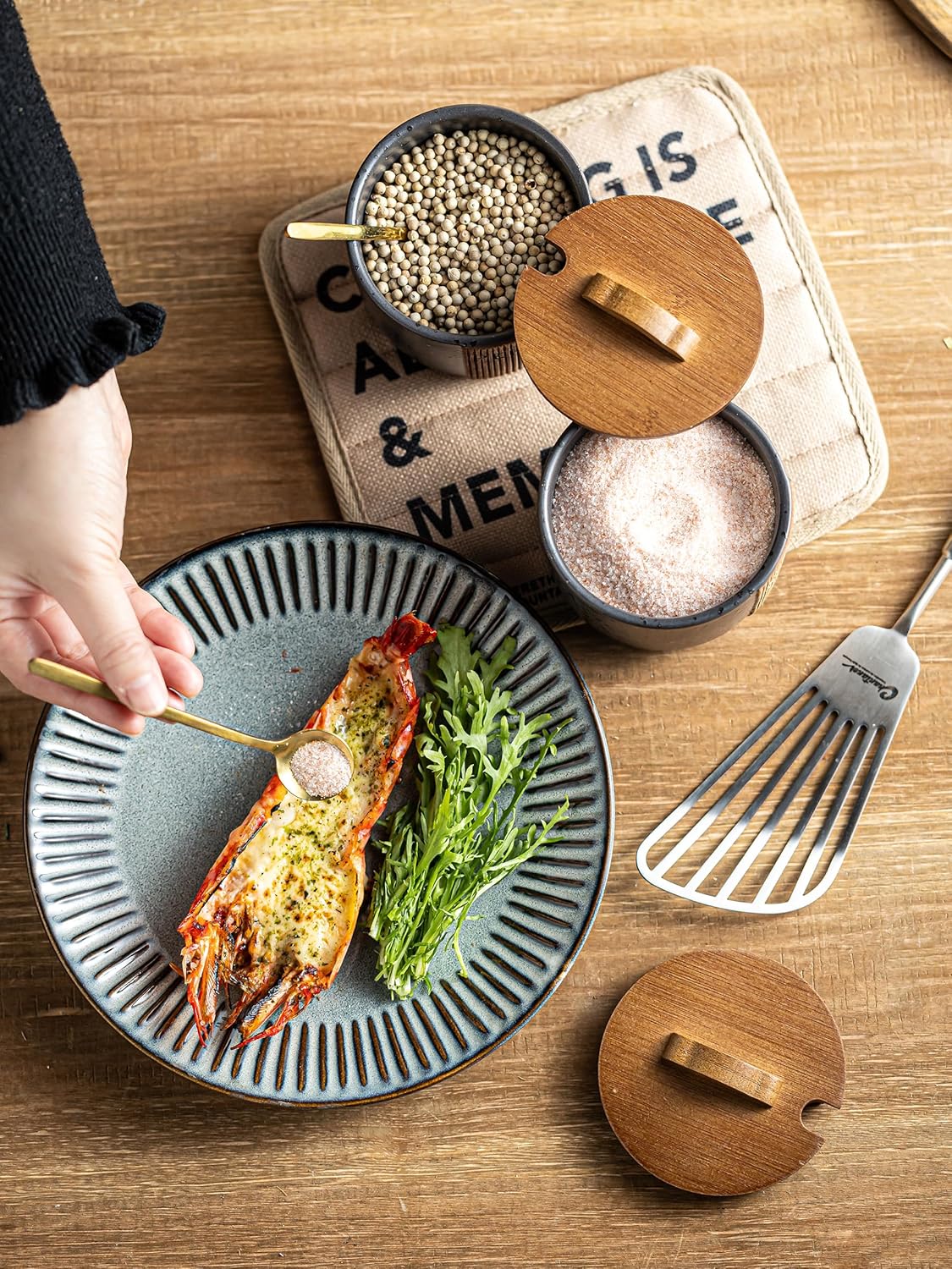 Salt Container for Countertop, Ceramic Salt Cellar with Lid & Spoon, Farmhouse Salt Bowl, 10 OZ, Black