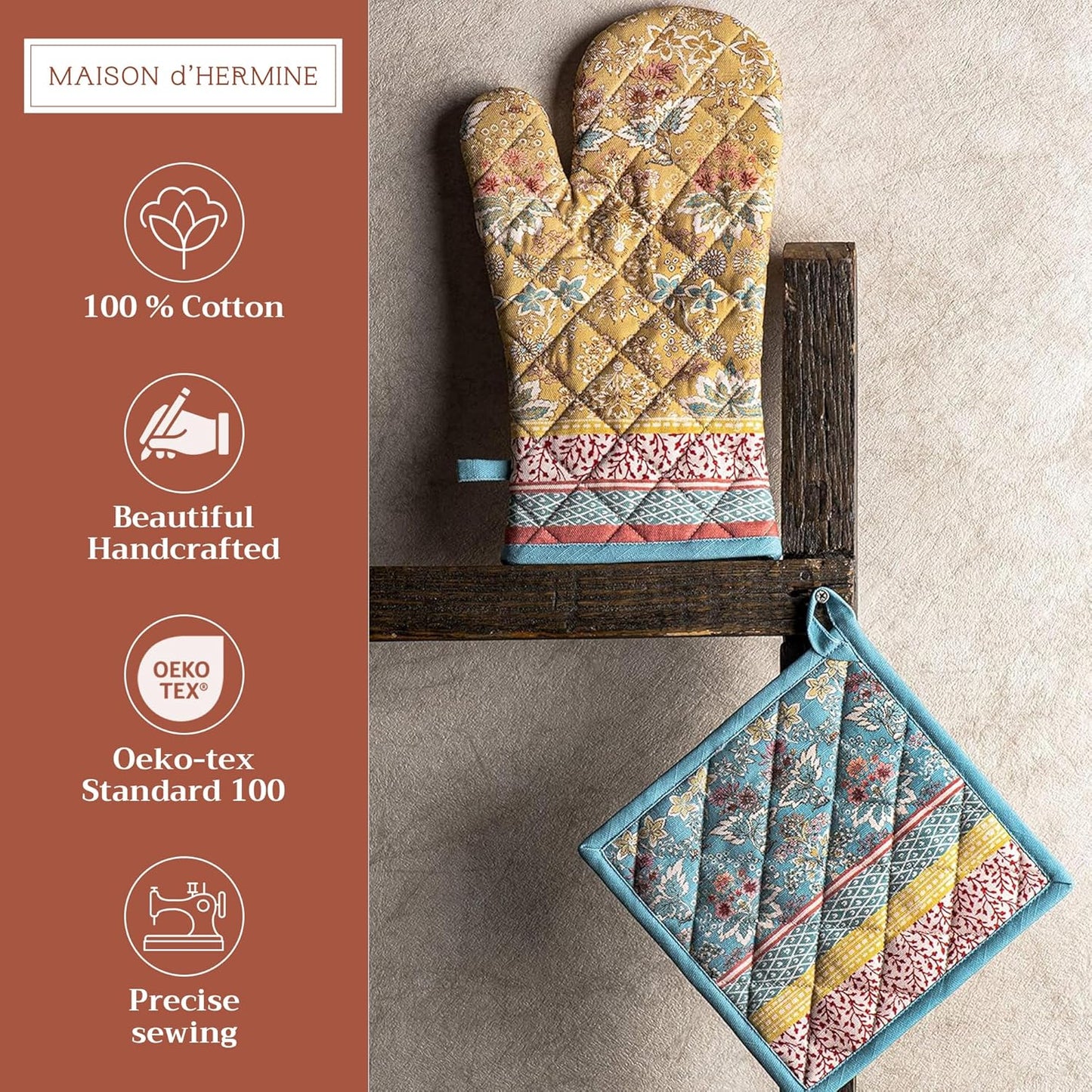 Maison d' Hermine 100% Cotton Oven Mitt & Pot Holder Set (7.5"x13" & 8"x8") Heat Resistant BBQ Cooking Gloves with Loop, Baking, Grilling, Kitchen, Handling Hot Pans Spring/Summer (Marquise)
