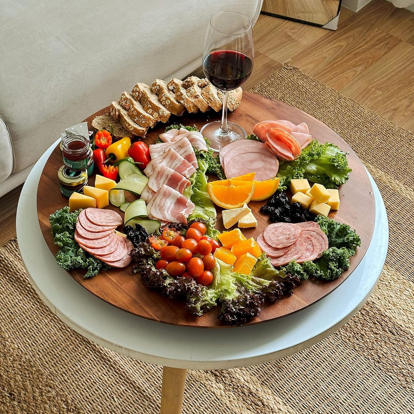 21" Acacia Wood Lazy Susan for Table Top - Wooden Turntable Serving Tray for Charcuterie Boards Cheese Board - Extra Large Round Lazy Susan Organizer - Kitchen Revolution for Countertop