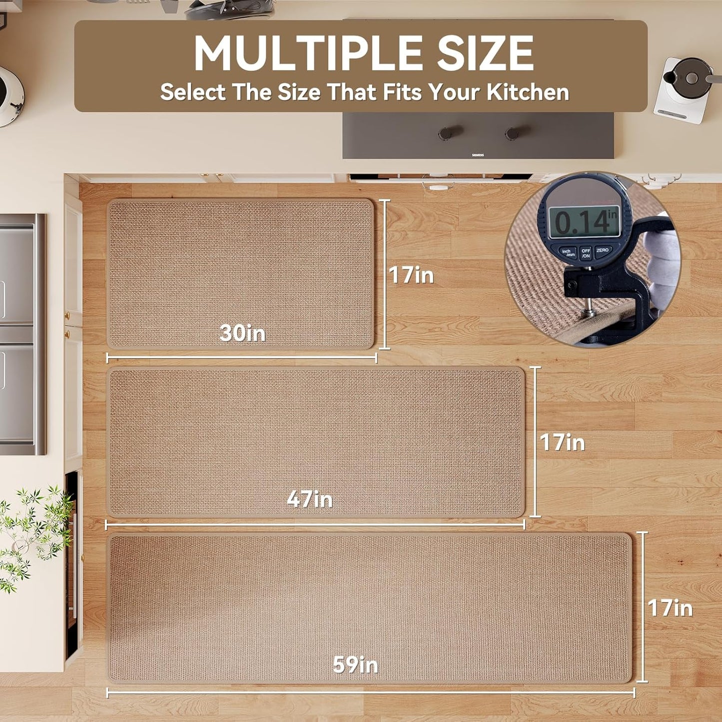 Kitchen mats for Floor Water and Oil Absorbent Runner Rugs for Kitchen, Kitchen Mat in Front of Sink,Non-Slip Kitchen Rugs,Durable Imitation Linen Kitchen Rug Brown 17x30+17x47
