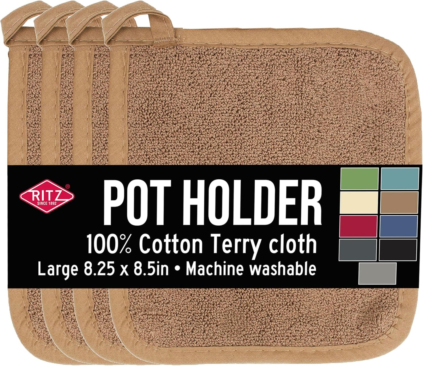 RITZ Terry Potholder & Hot Pad: Unparalleled Heat Resistant, Durable 100% Cotton – Ergonomically Designed for Optimal Grip – Easy-Care Machine Washable – 4-Pack, Mocha Brown