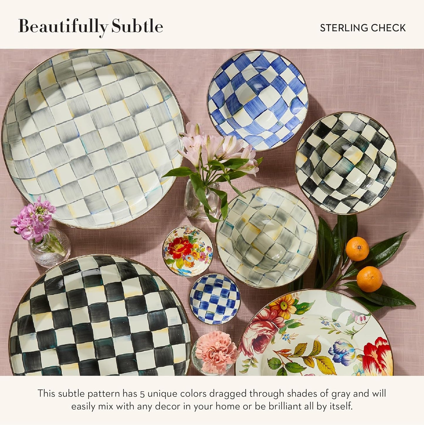 MACKENZIE-CHILDS Enamel Salad Serving Set, Enamel Bowl and Wooden Salad Servers, Decorative Kitchen Set, Gray-and-White Sterling Check