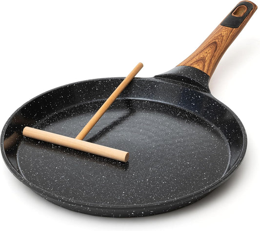 Moss & Stone 9.5 Inch Nonstick Crepe Pan with Spreader, Dosa Pan for Roti Dosa Tawa Comal Para Tortillas, Ceramic Flat Skillet Pan Induction Compatible, Pancake Pan for Stove Top - Black