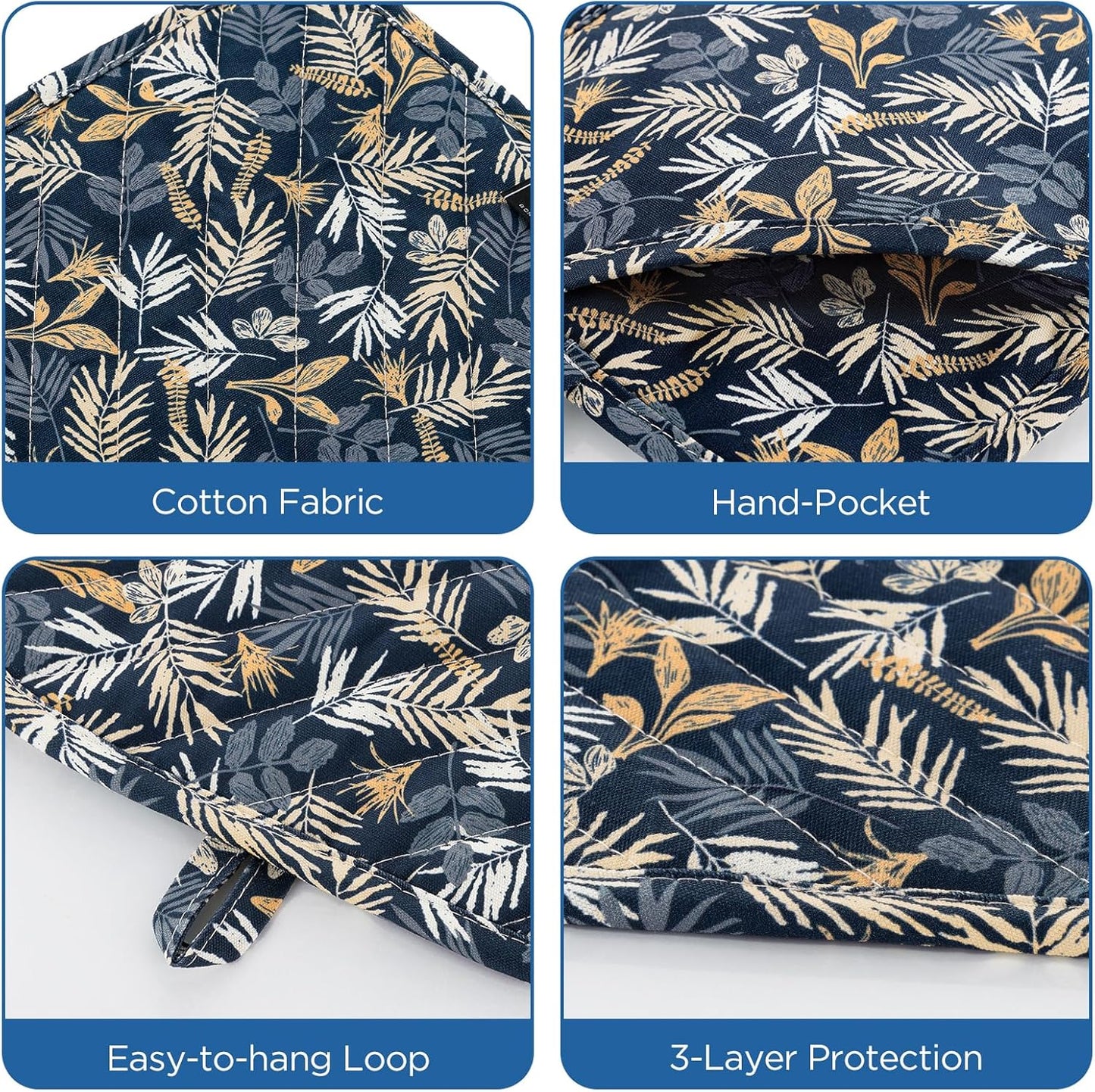 Pot Holders for Kitchen Heat Resistant Hot Pads for Countertops Oven Pot Holders Cotton Potholders for Kitchen Cooking Baking (Blue Leaves)