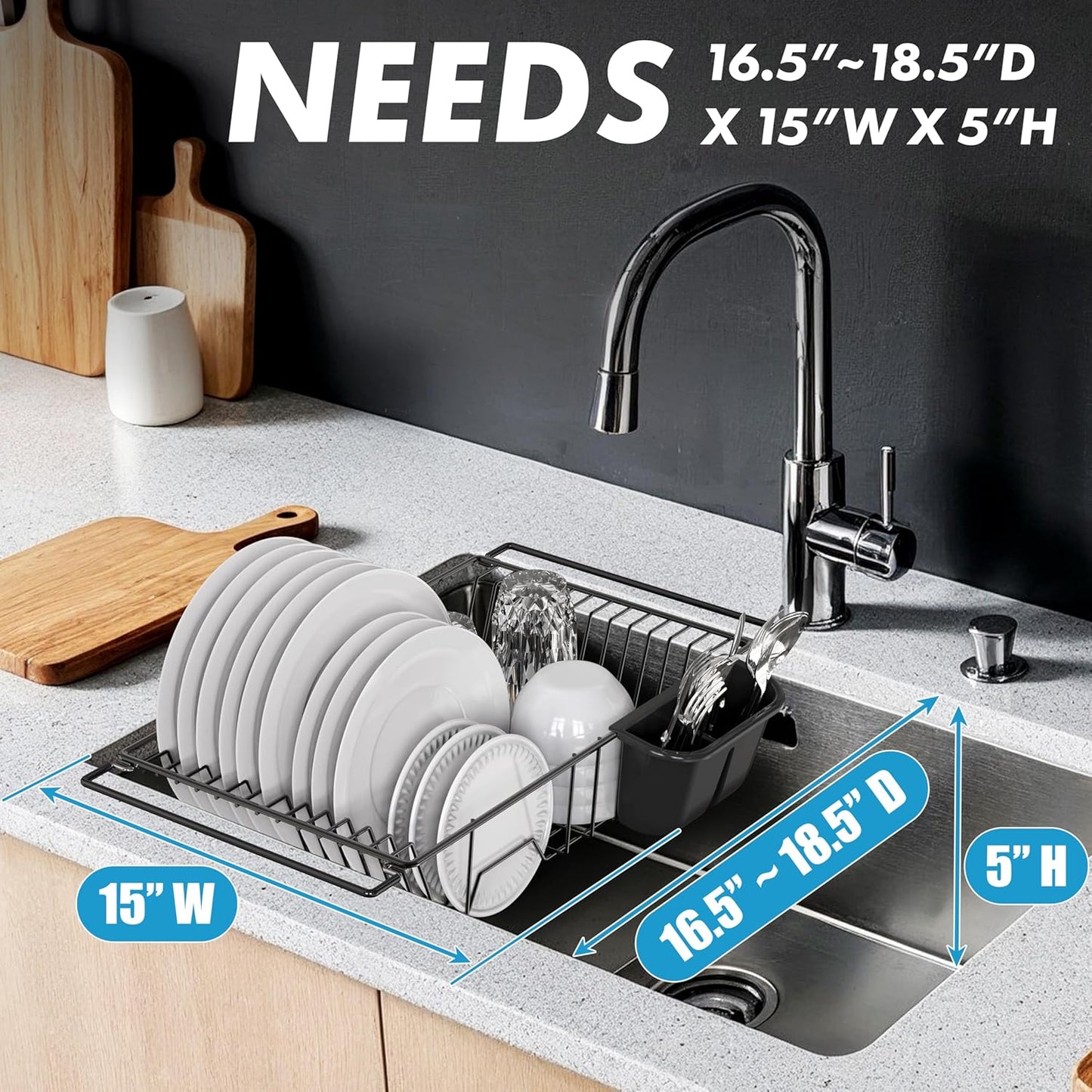 SIMPLE HOUSEWARE Large Over Sink Counter Top Stainless Steel Dish Drainer Drying Rack with Utensil Holder, Black