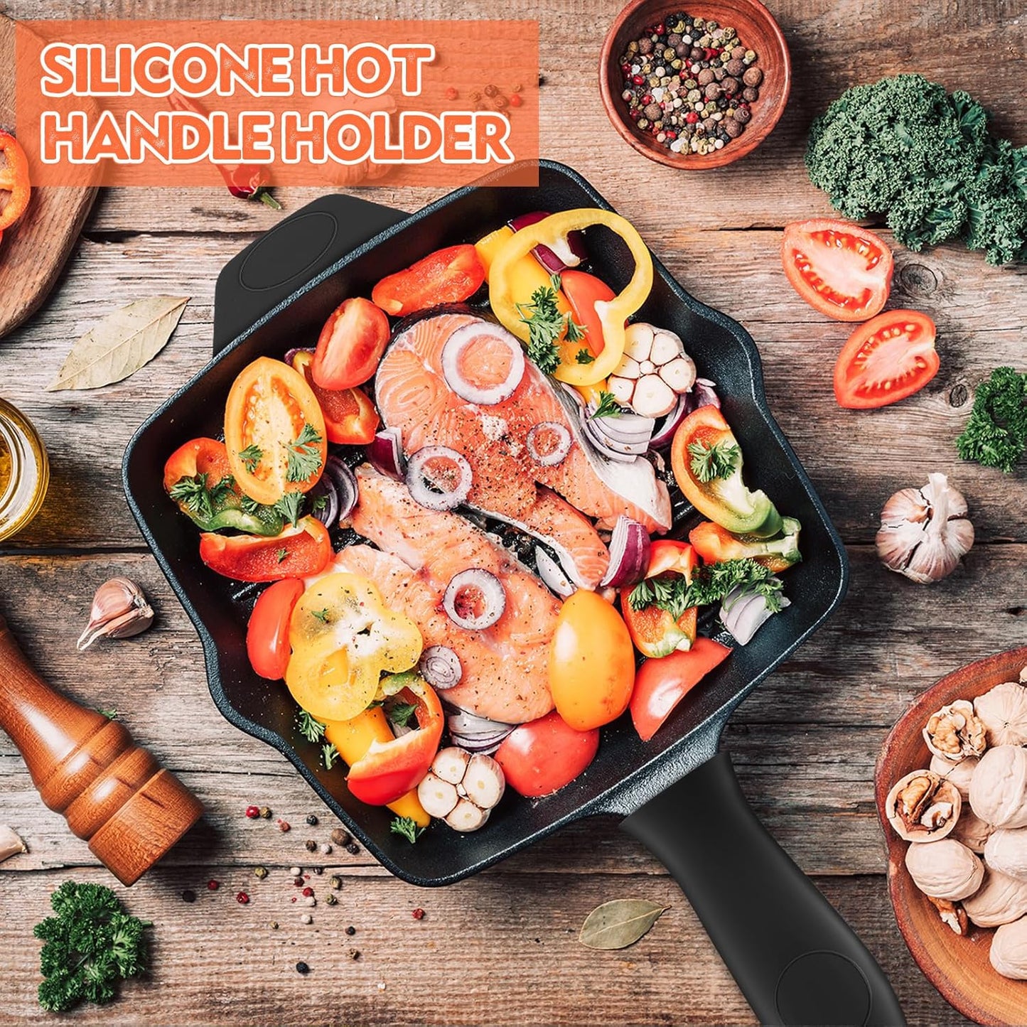 Domensi 4 Pcs Silicone Hot Handle Holder Set Cast Iron Skillet Handle Covers Heat Resistant Silicone Assist Handle Holder for Frying Pans Cast Iron Skillet Griddles Cookware(Black)