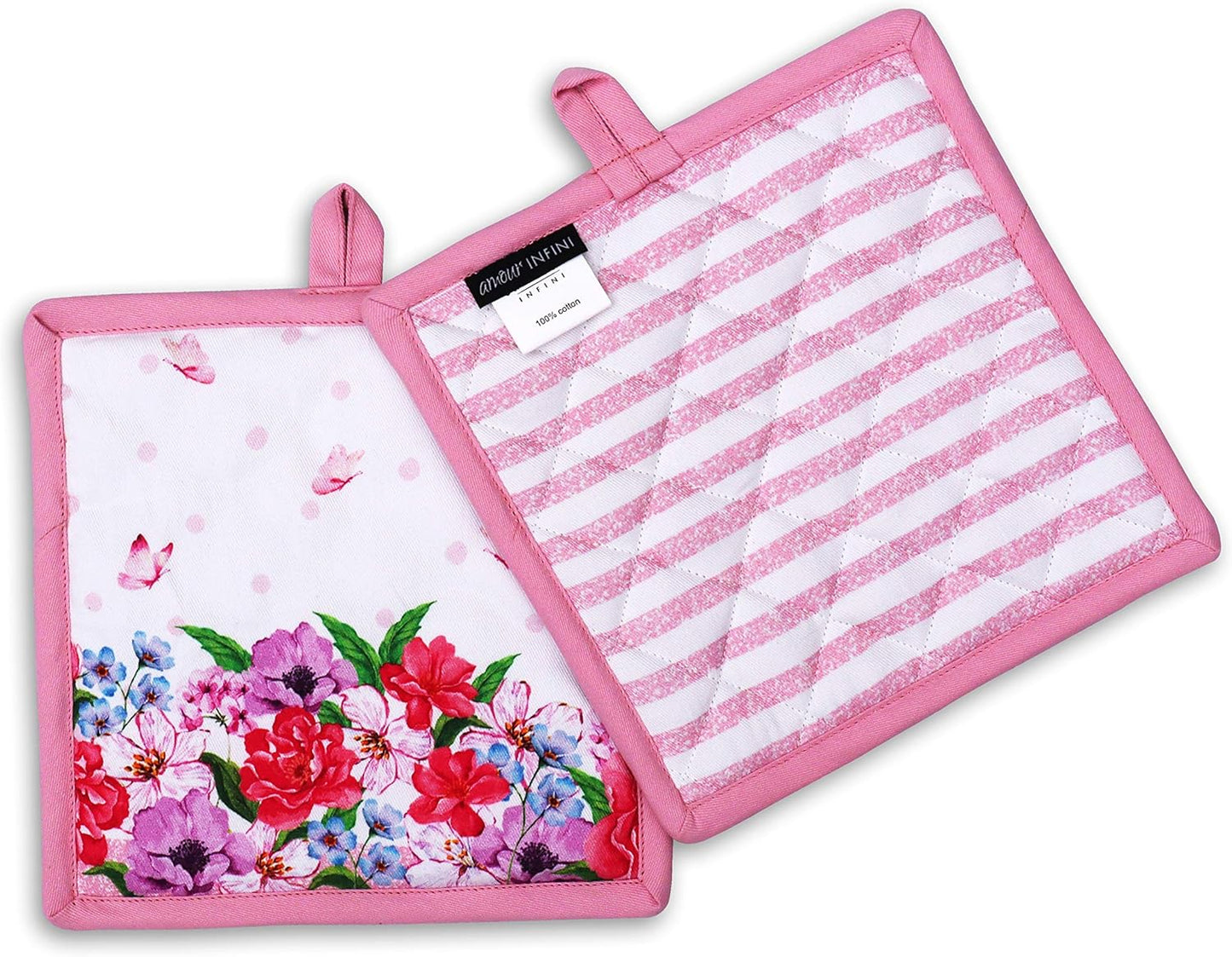AMOUR INFINI Pot Holders Heat Resistant Cotton Set of 2 Nonslip 8"x8" Inch Hot Pads for Kitchen, BBQ, Baking & Cooking with Hanging Loops (Spring Floral)