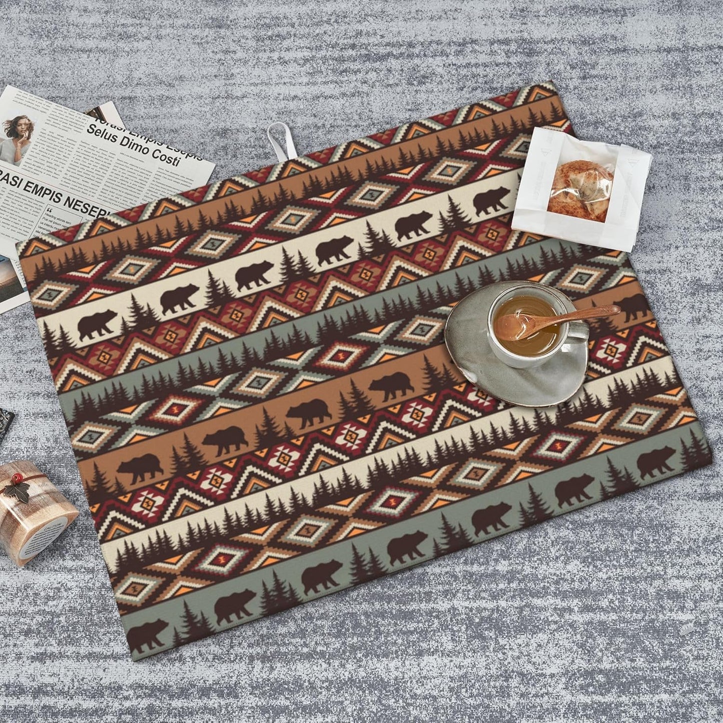 Bear Mountain Microfiber Dish Drying Mat for Kitchen Counter Vintage Rustic Dishes Pad Dish Drainer Rack Mats 18"x24" Absorbent Washable Reusable