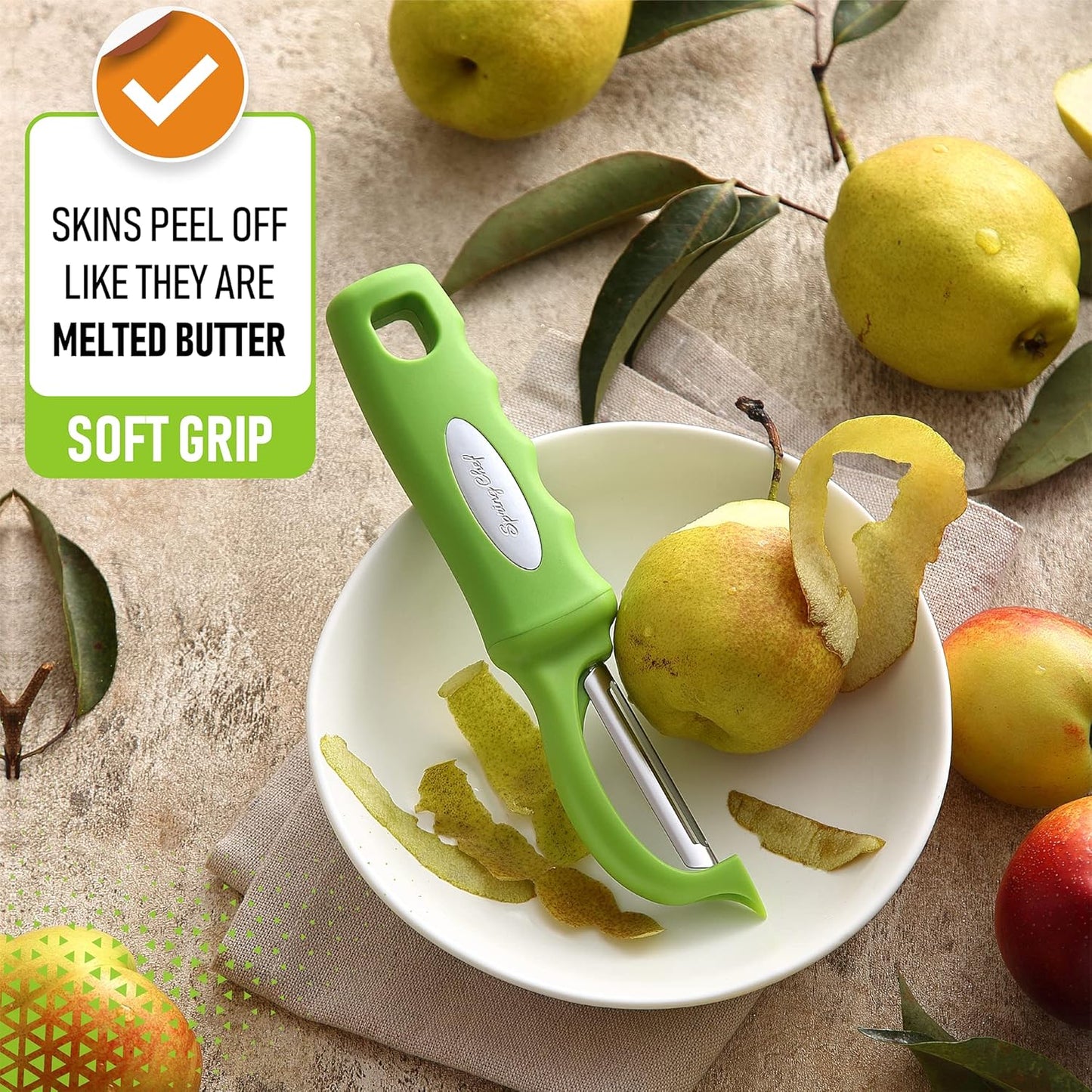 Spring Chef Premium Green Swivel Vegetable Peeler Set of 2, Stainless Steel Apple Peeler for Kitchen with Soft Grip Handle, Dishwasher Safe, Perfect for Potato, Carrot, Veggie, Fruit, Apple, Mango