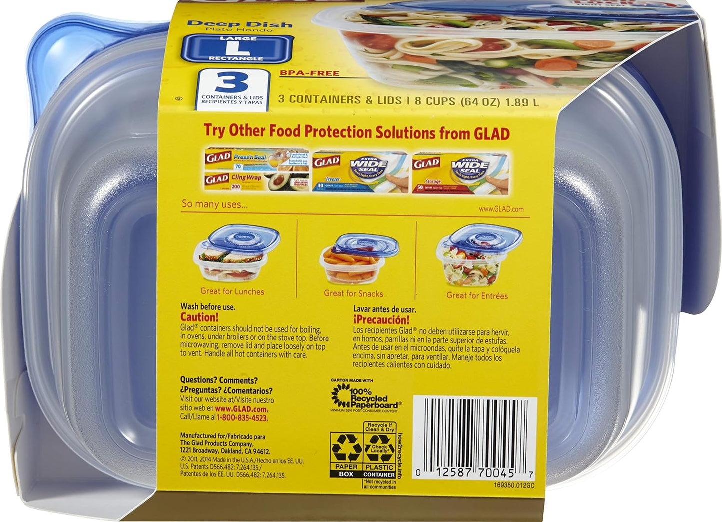 Glad Food Storage Containers, Deep Dish, 64 Ounce, 3 Count