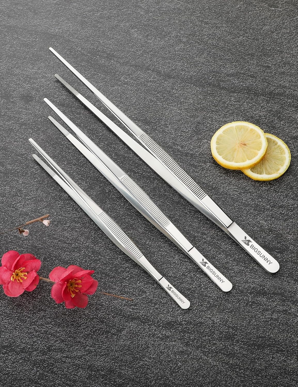 Set of 3 Kitchen Tweezers Fine Tweezer Tongs, MSY BIGSUNNY Stainless Steel Food Tweezers, Precision Serrated Tips Food Tongs (8.5" 10" and 12")