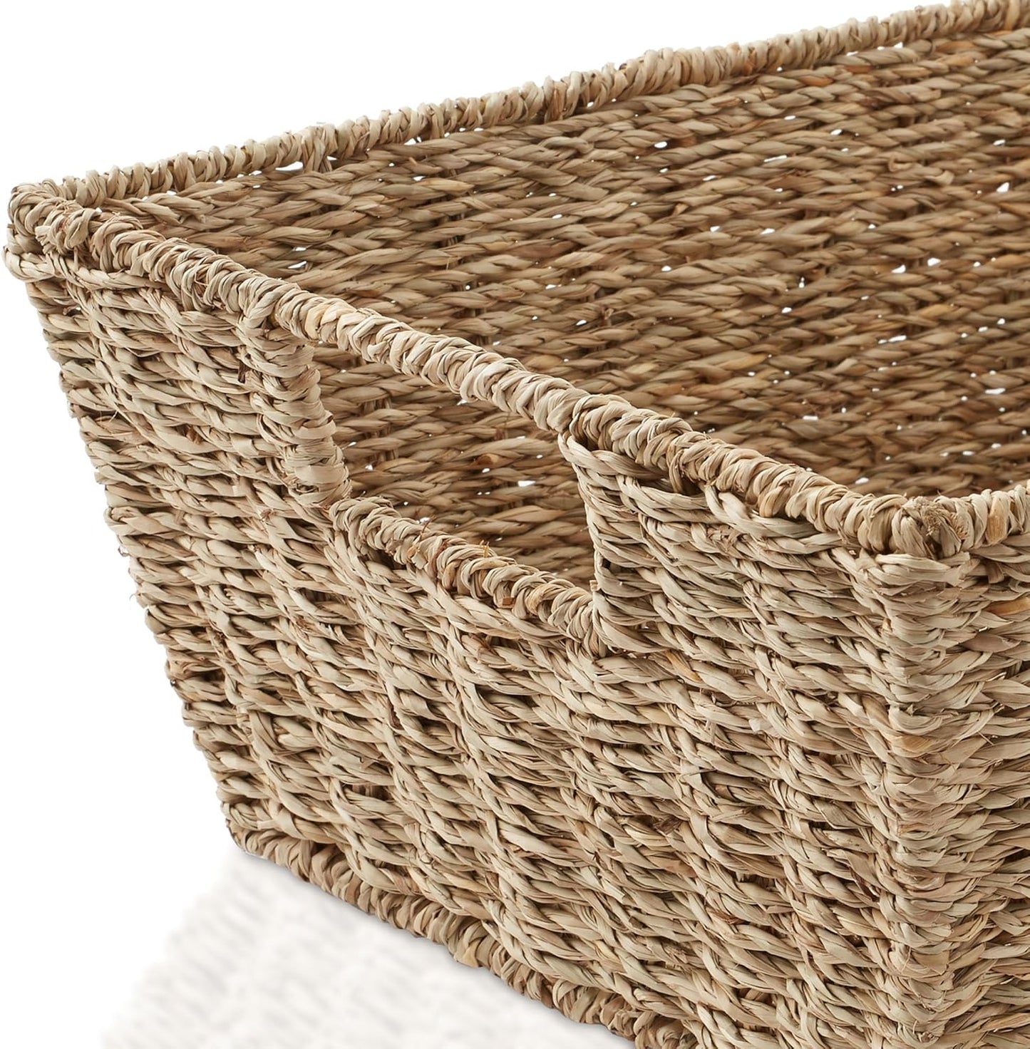 Casafield Set of 2 Seagrass Pantry Baskets with Handles, Chalkboard Labels and Marker - Natural, Wide Woven Storage Bin Organizers for Kitchen Shelves