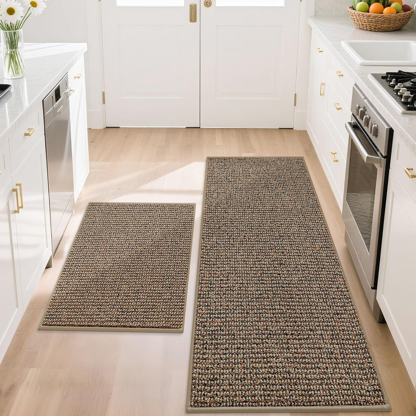 BEQHAUSE Kitchen Rugs and Mats 2PCS, Non-Slip Kitchen Mats for Floor, Absorbent and Stain Resistant Kitchen Runner, Machine Washable Rugs for Kitchen, Laundry & Sink, 20"x32"+20"x48", Taupe