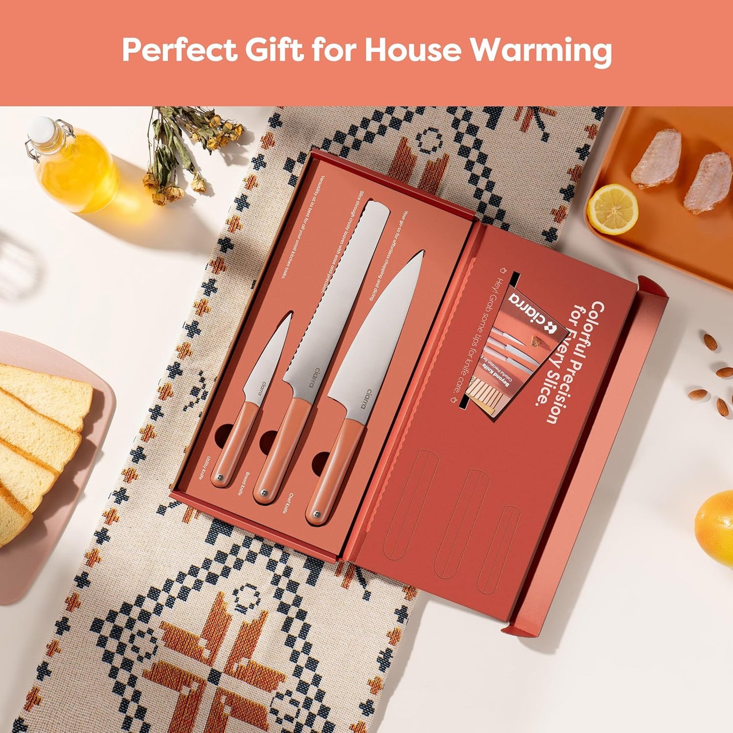 CIARRA Professional Kitchen Knife Set 4 PCS - Chef Knife Set, Bread Knife, Utility Knife, High Carbon Stainless Steel Cooking Knives with Gift Box (Orange)
